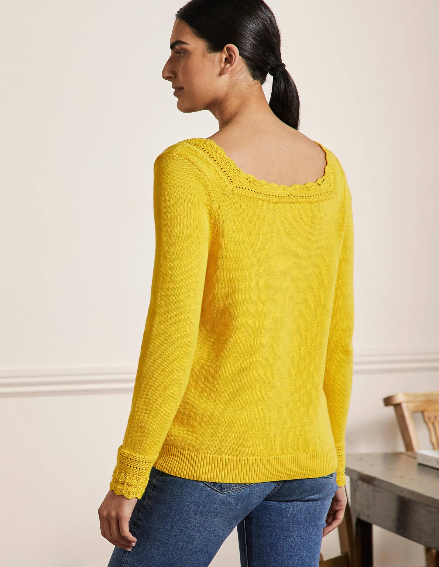 Pullover mit gehäkeltem Muschelsaum-Rauchgelb