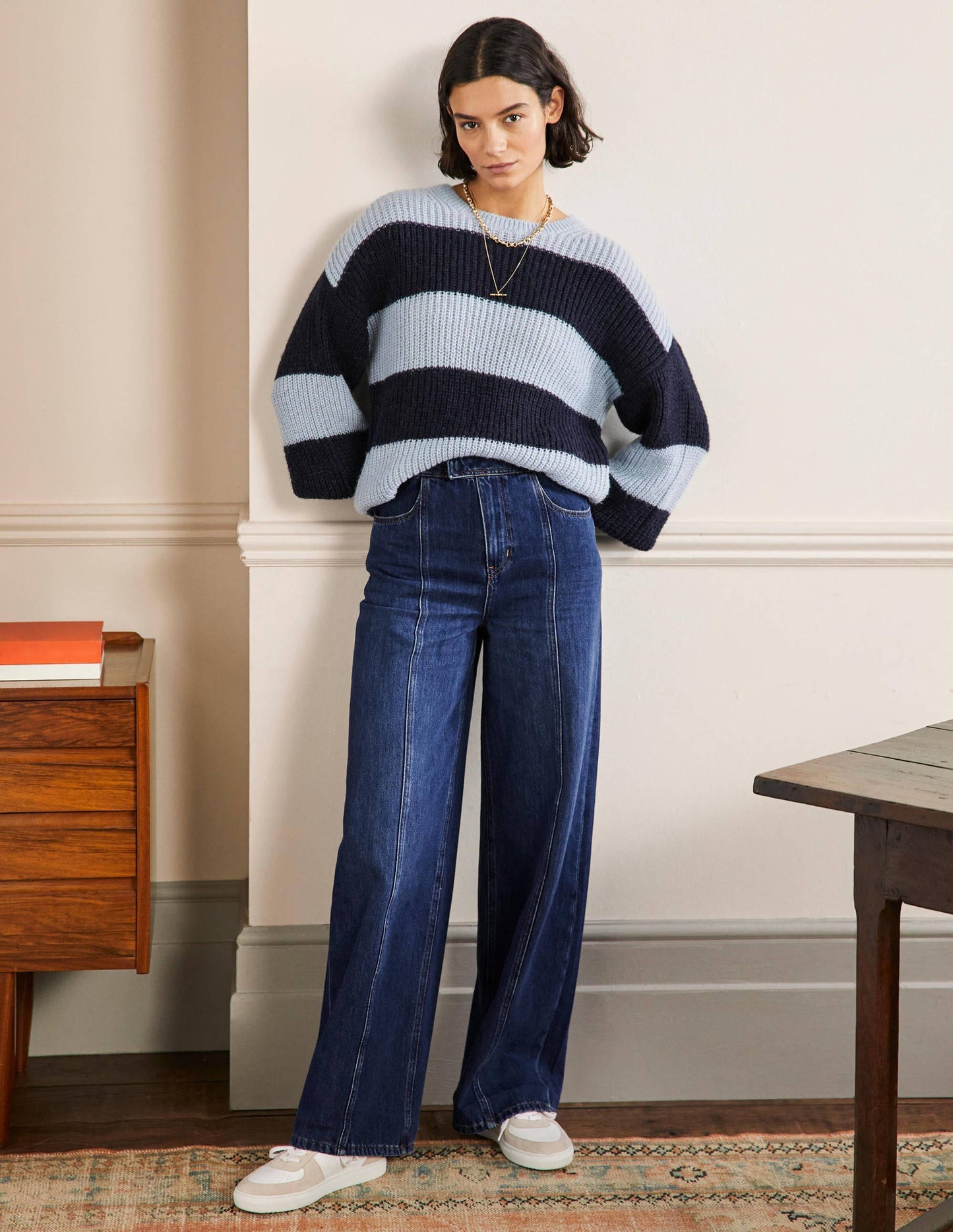 Jeans mit weitem Bein und Ziernaht-Mittleres Vintageblau