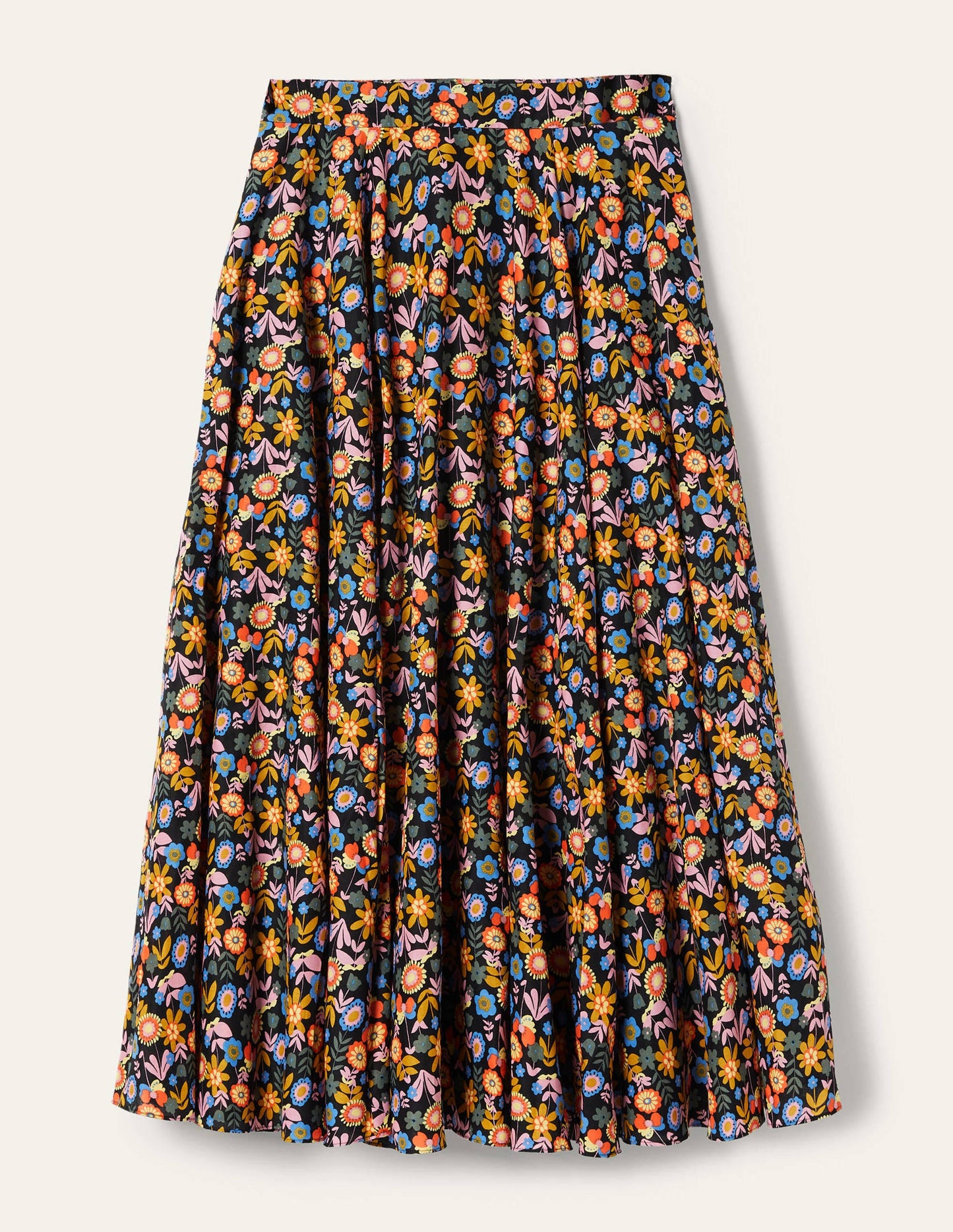 Jupe midi corolle en coton-Noir, motif Flora Bloom