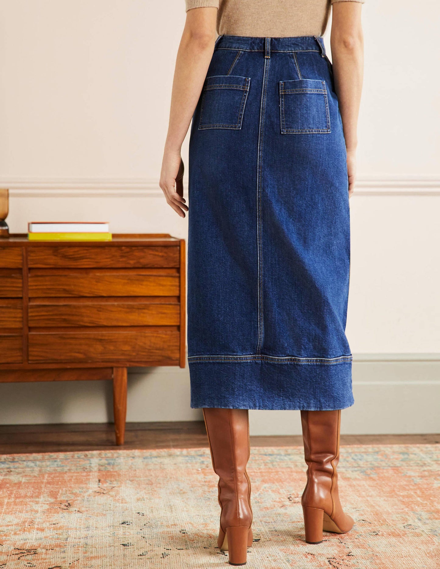 Midirock mit Steppnaht-Mittleres Vintageblau
