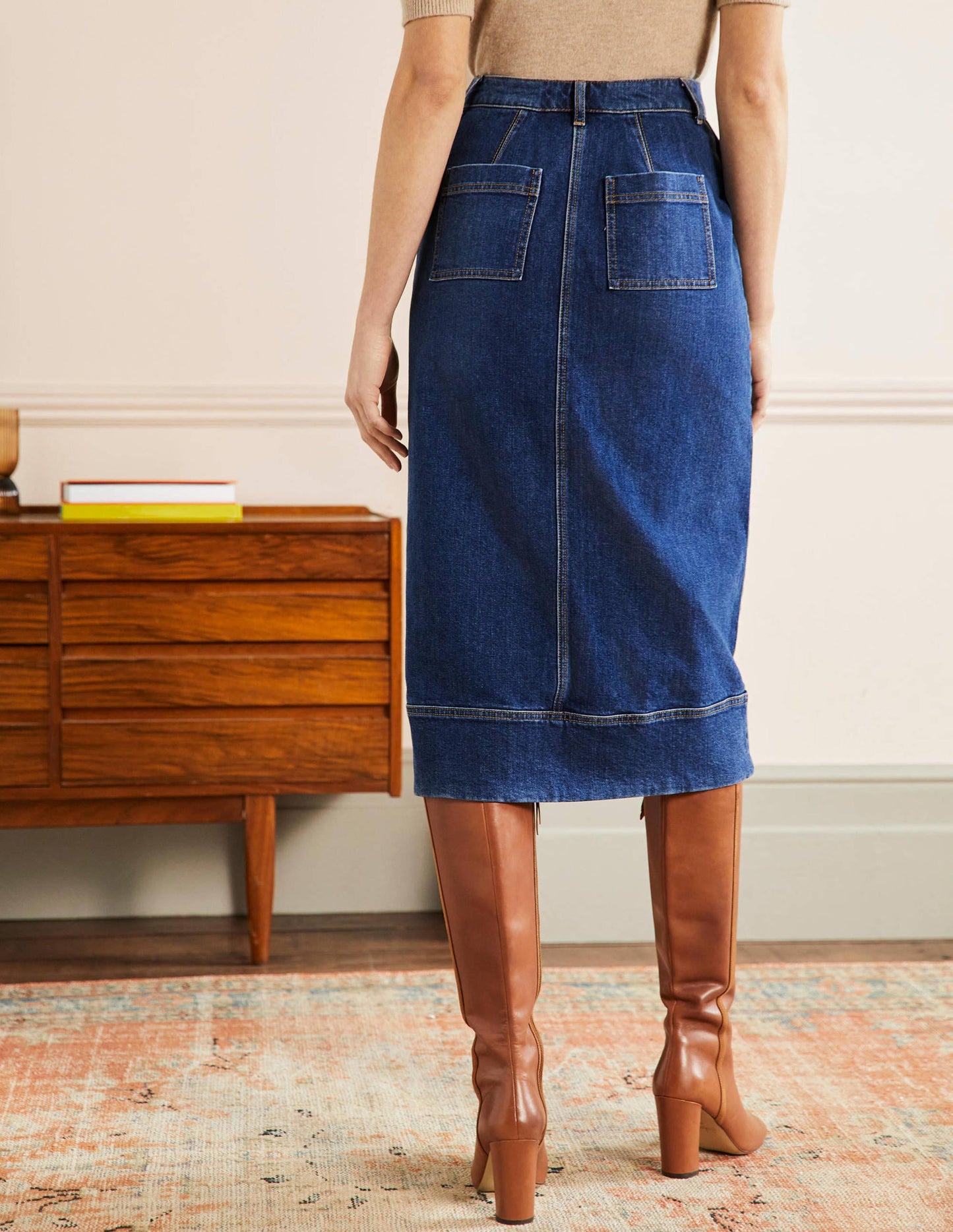 Midirock mit Steppnaht-Mittleres Vintageblau