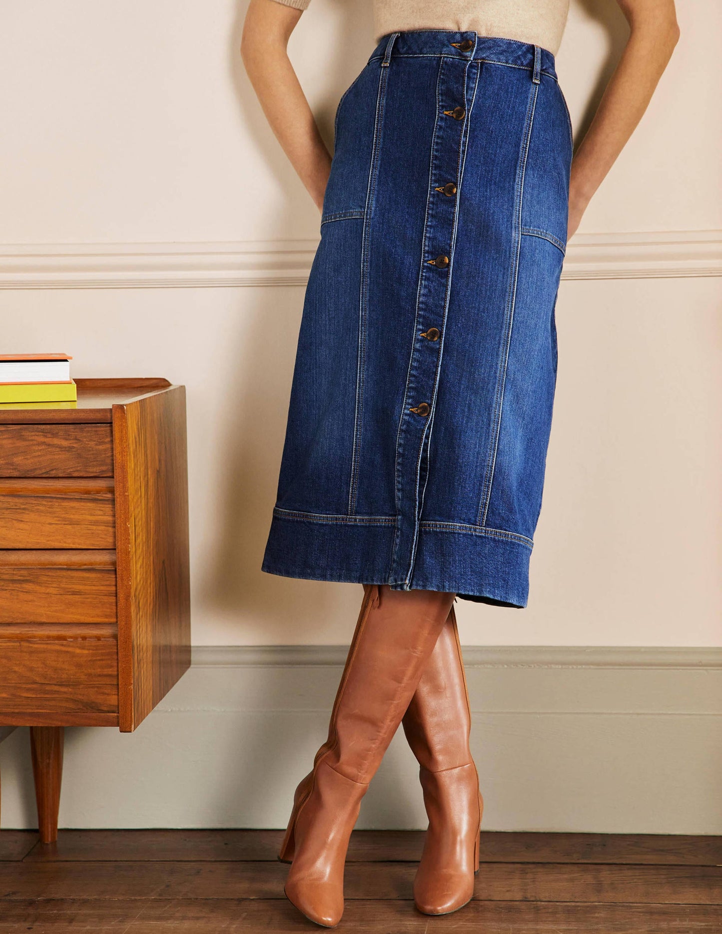 Midirock mit Steppnaht-Mittleres Vintageblau