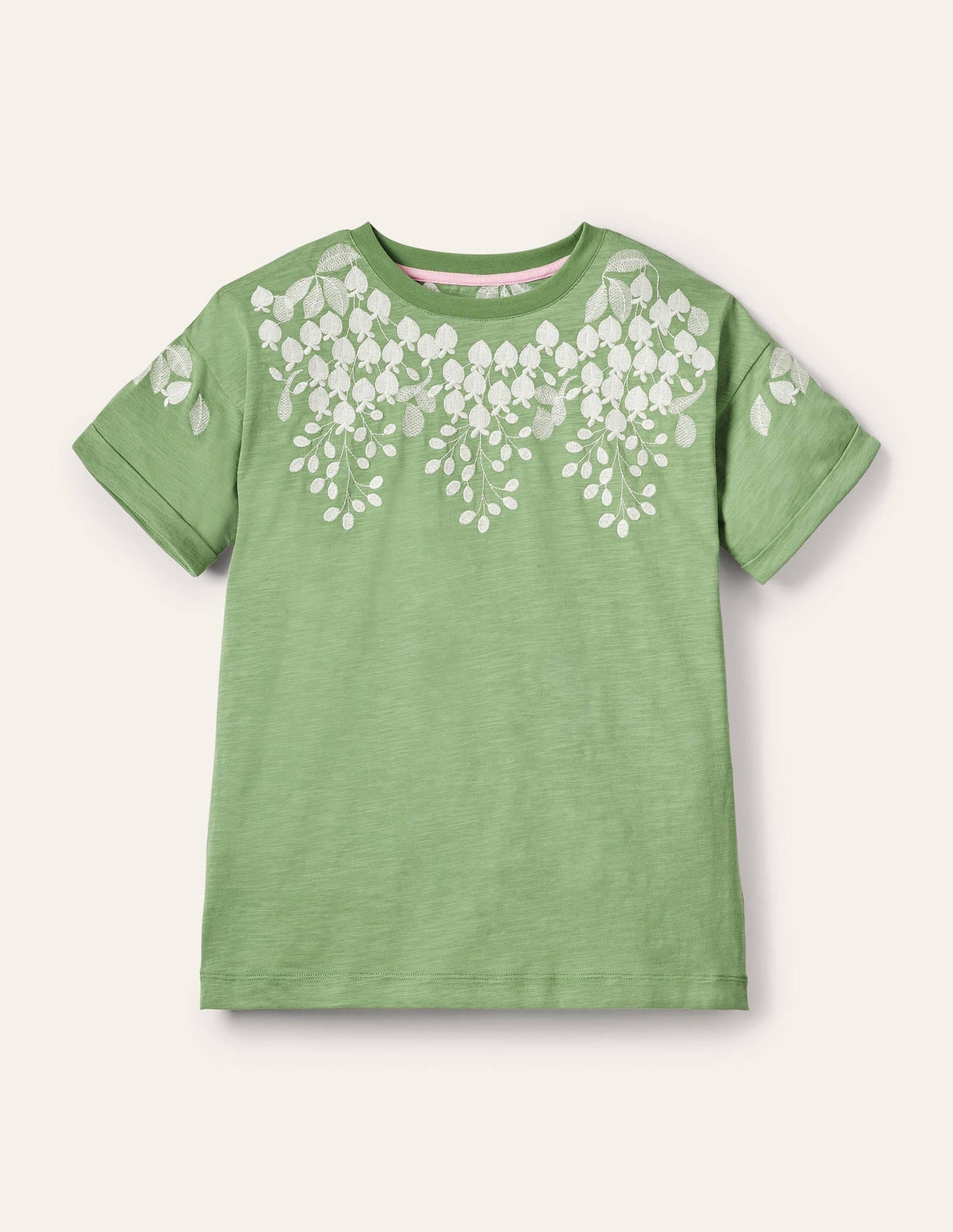 Turn Up Cuff Cotton T-shirt-English Ivy, Ivory Embroidered