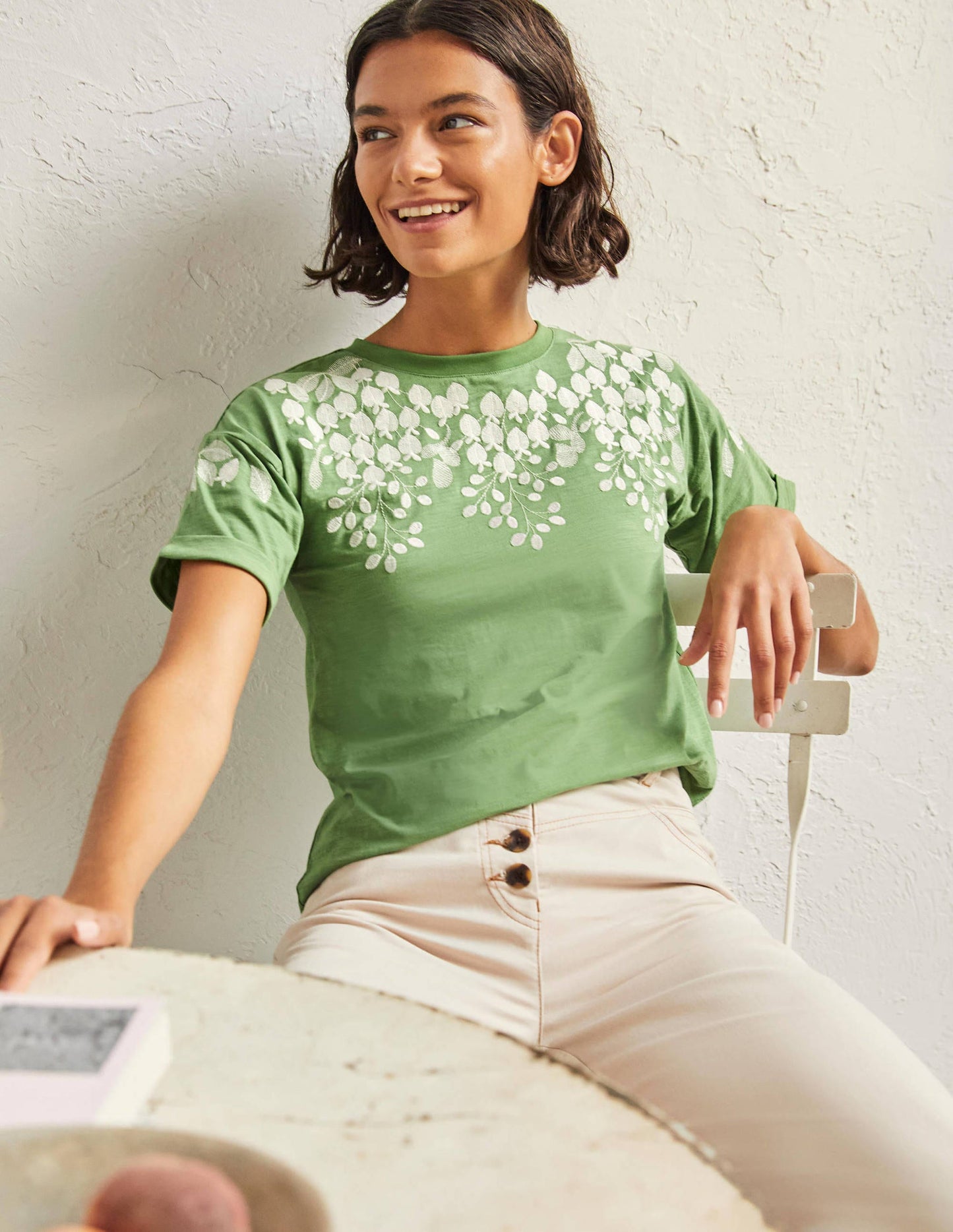 Turn Up Cuff Cotton T-shirt-English Ivy, Ivory Embroidered