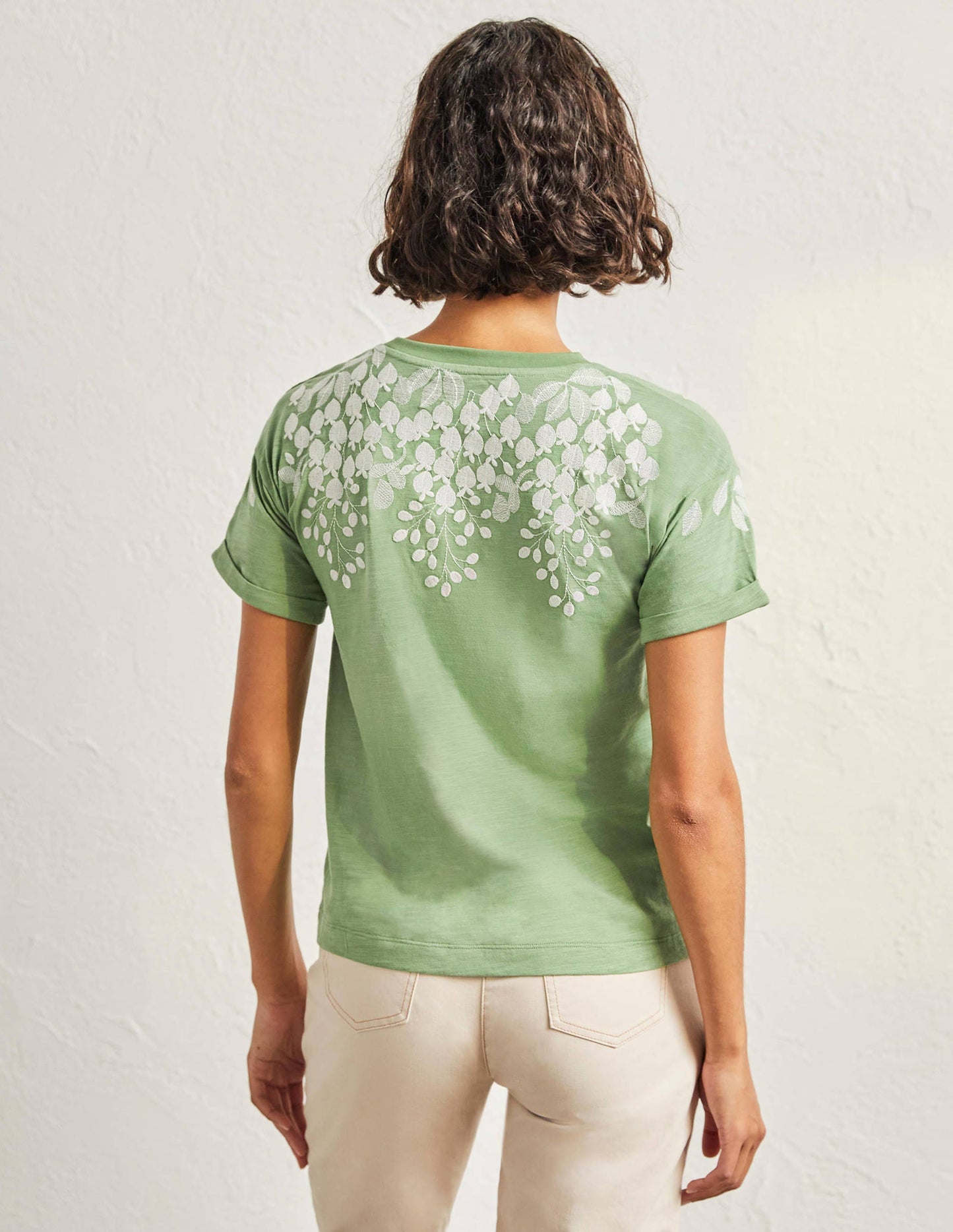 Turn Up Cuff Cotton T-shirt-English Ivy, Ivory Embroidered
