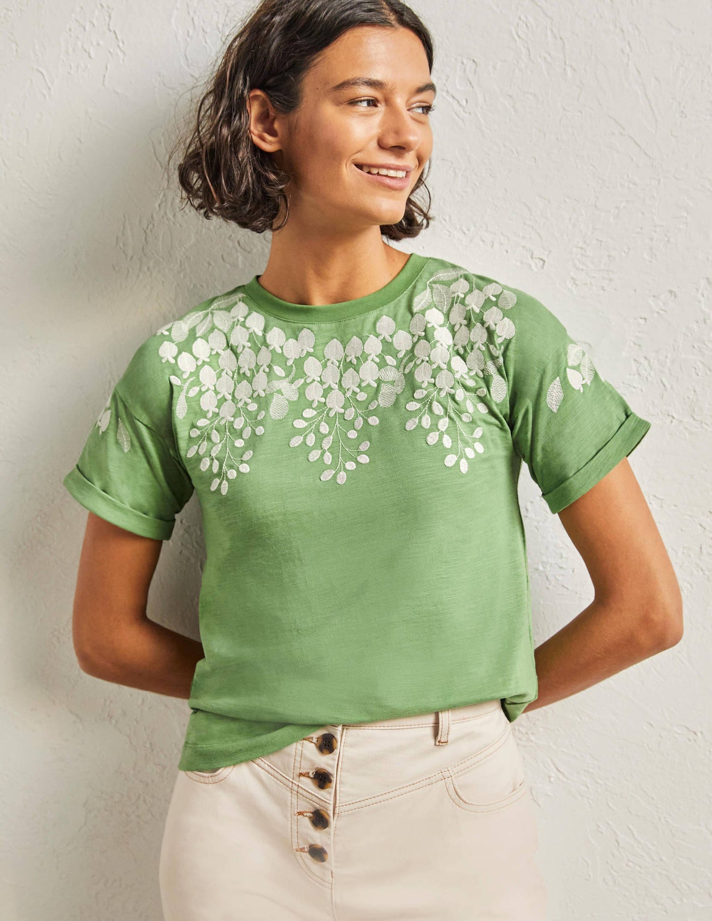 Turn Up Cuff Cotton T-shirt-English Ivy, Ivory Embroidered