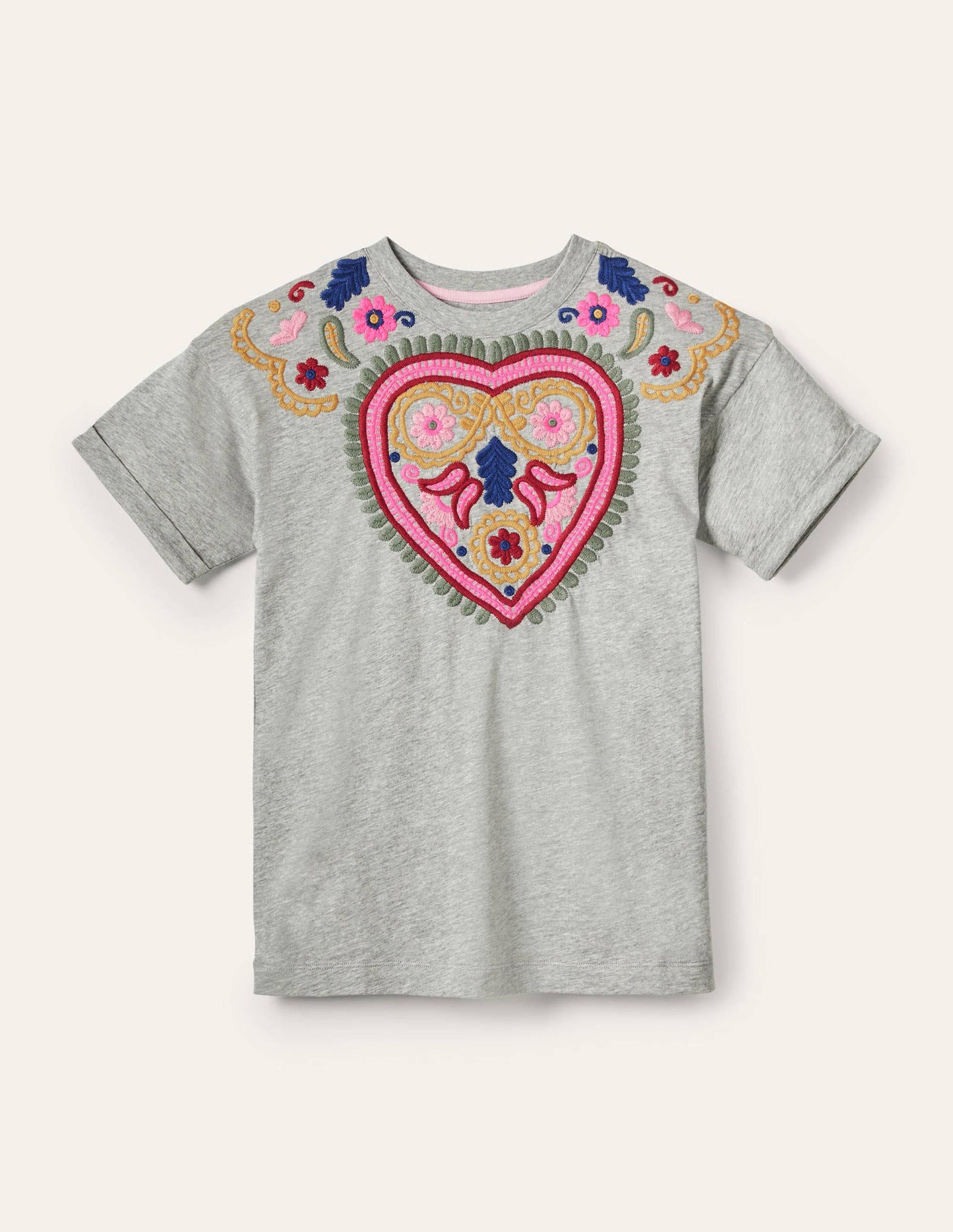 Turn Up Cuff Cotton T-shirt-Grey Marl, Heart Embroidery