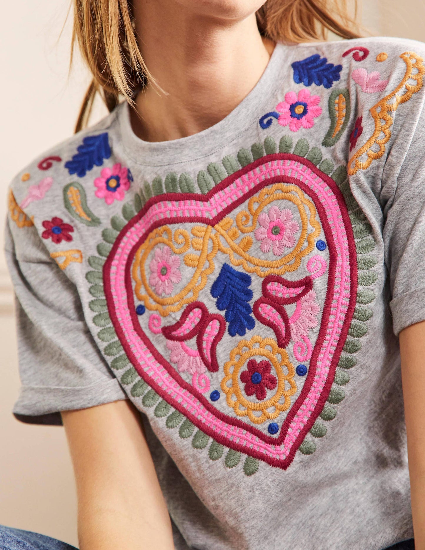 Turn Up Cuff Cotton T-shirt-Grey Marl, Heart Embroidery