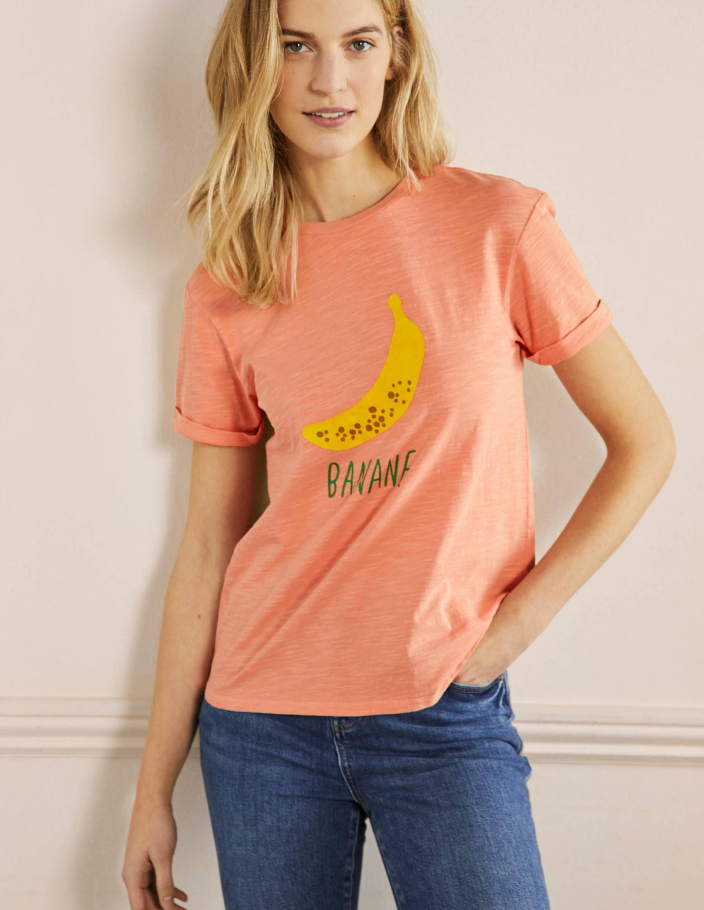 Turn Up Cuff Cotton T-shirt-Burnt Coral, Banana