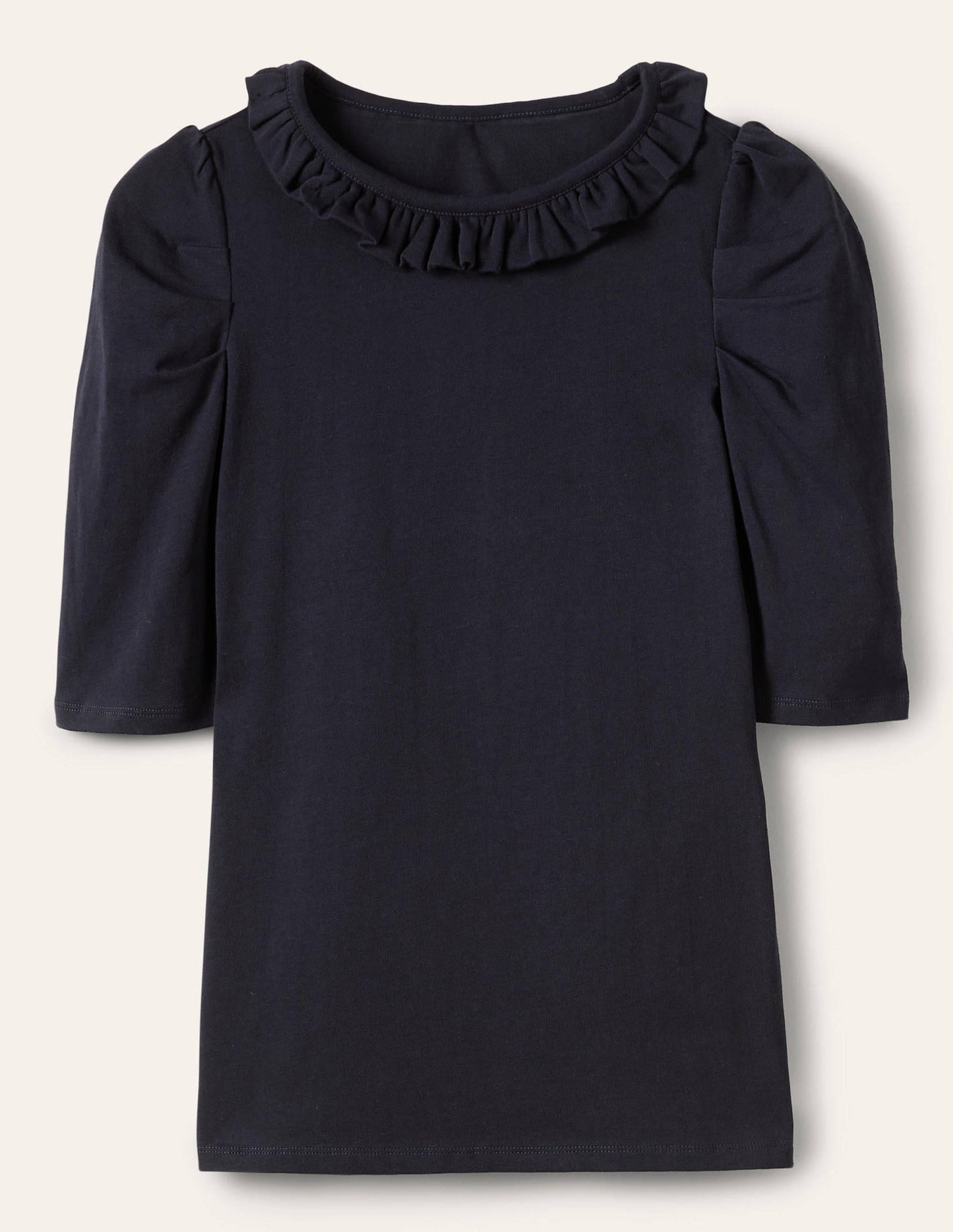 T-Shirt mit Puffärmeln und Rüschenausschnitt-Marineblau