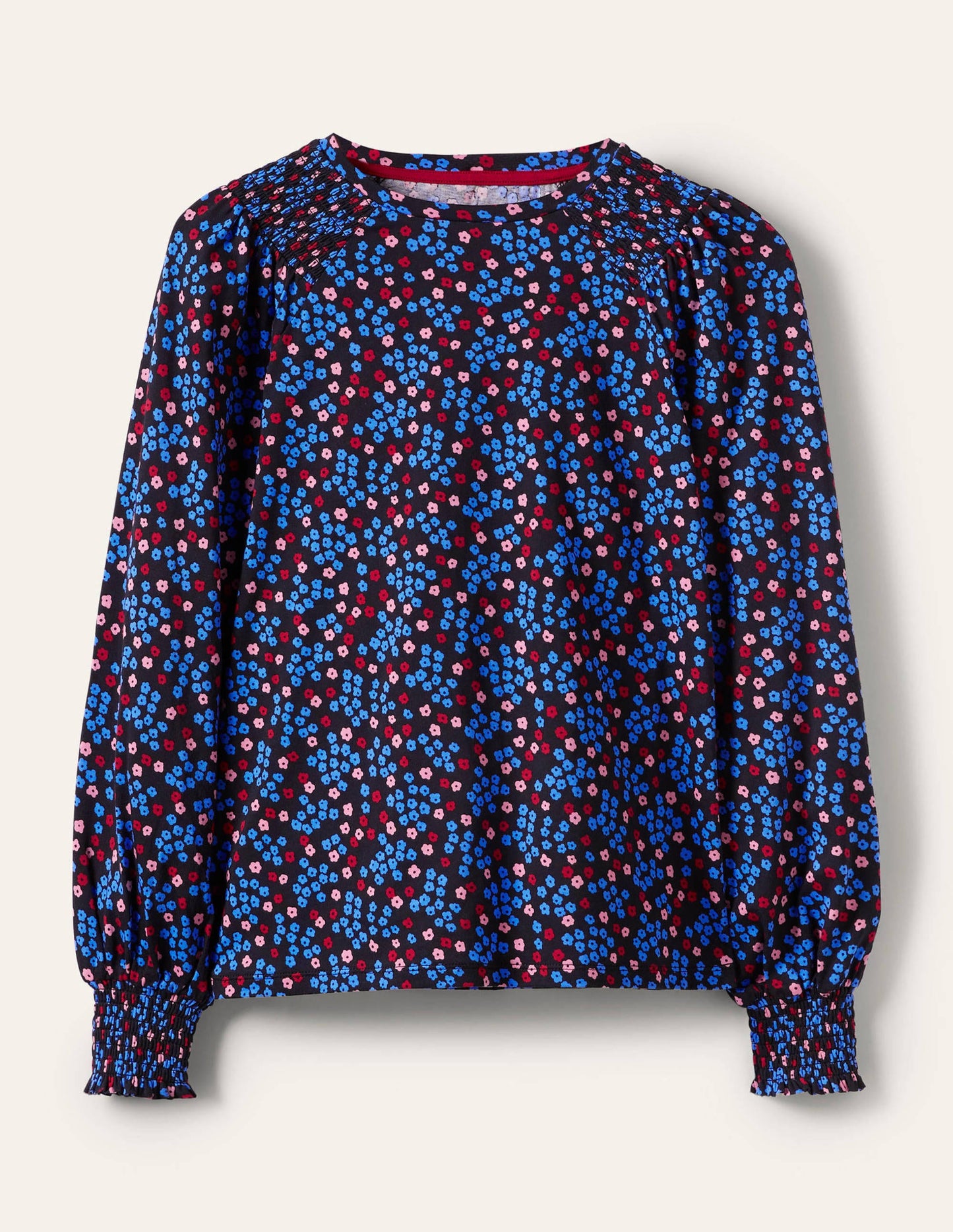 Gesmoktes Jerseyoberteil mit Blousonärmeln-Schwarz, Filigranes Blumenmuster