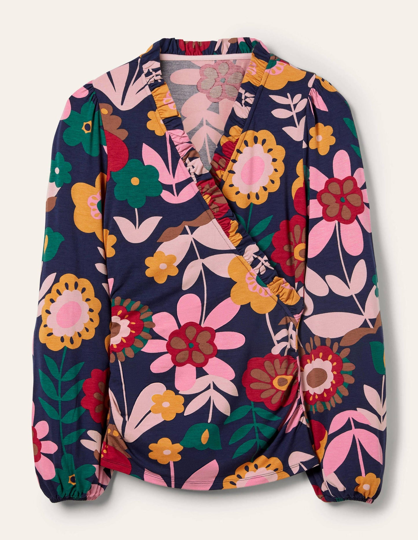 Wickeloberteil mit gerüschtem Ausschnitt und Blousonärmeln-Französisches Navy, Blüten