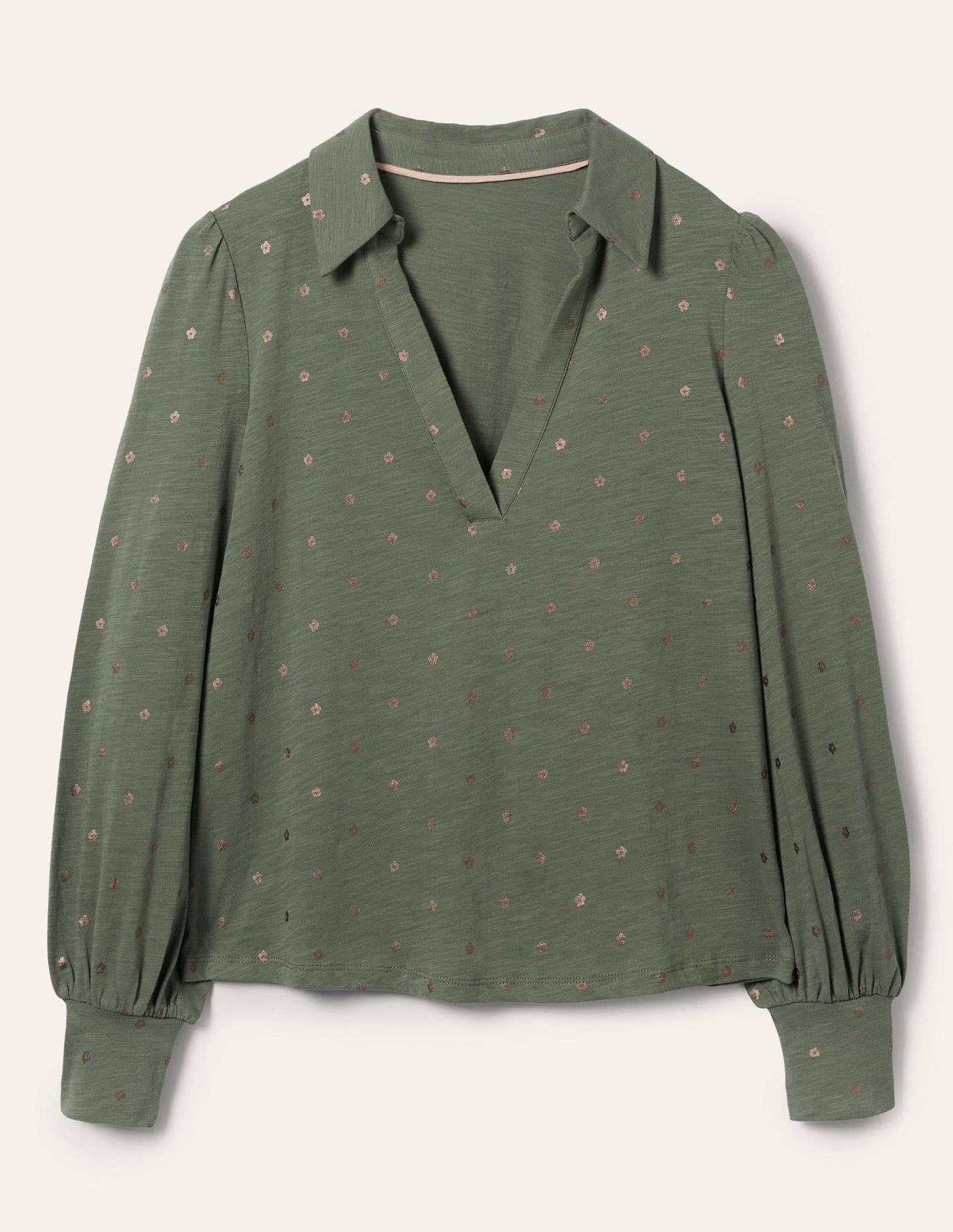 Collared Notch Neck Cotton Top-Alder Foil Flower
