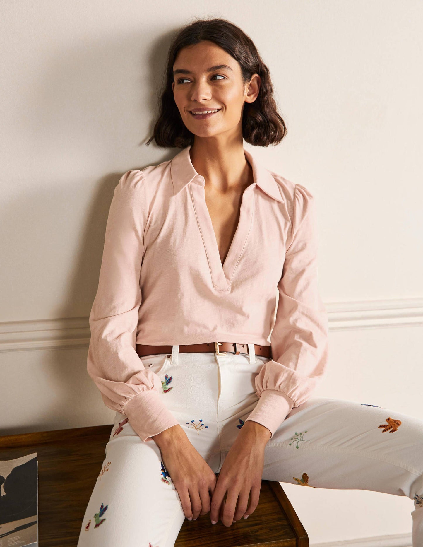 Collared Notch Neck Cotton Top-Milkshake