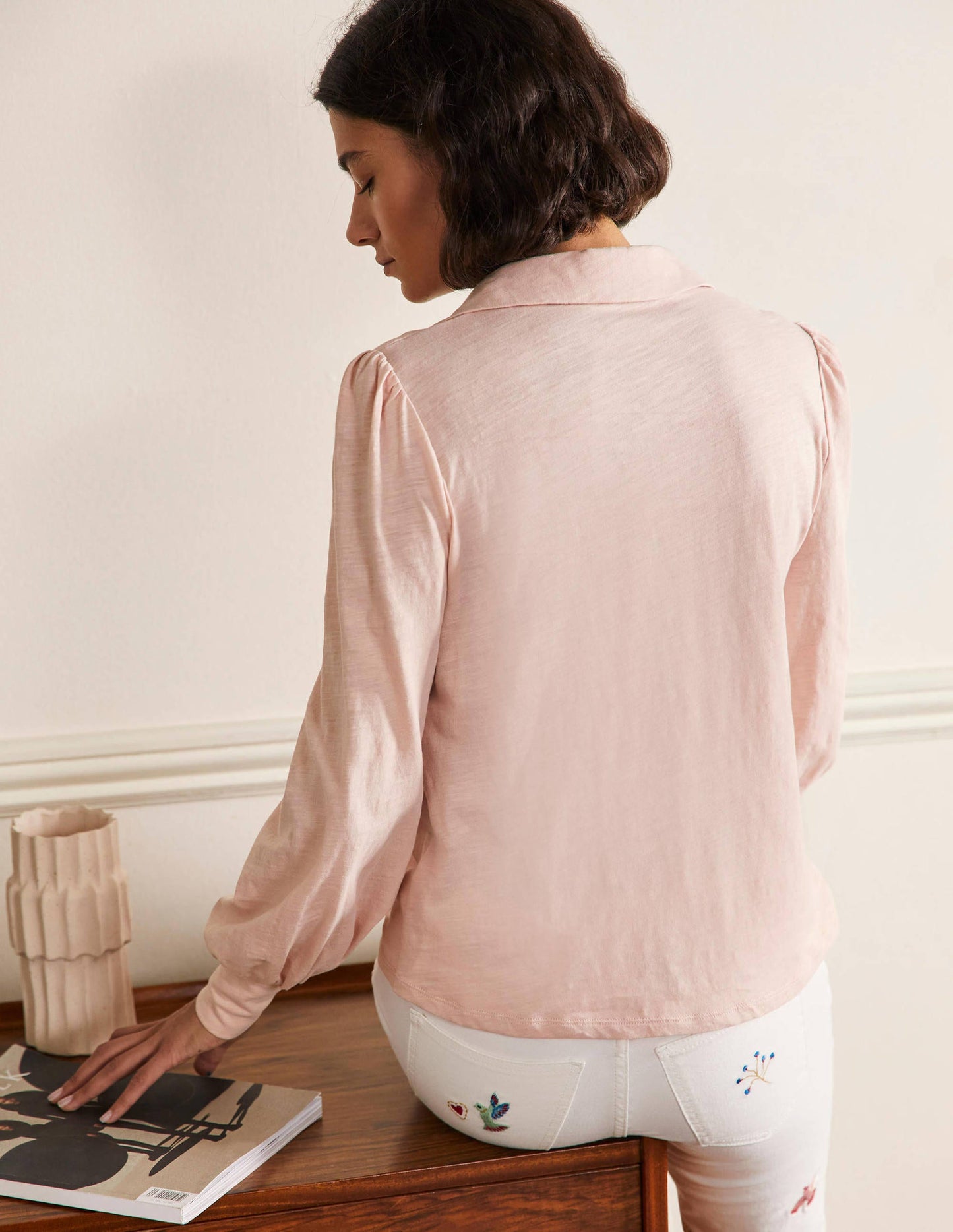 Collared Notch Neck Cotton Top-Milkshake