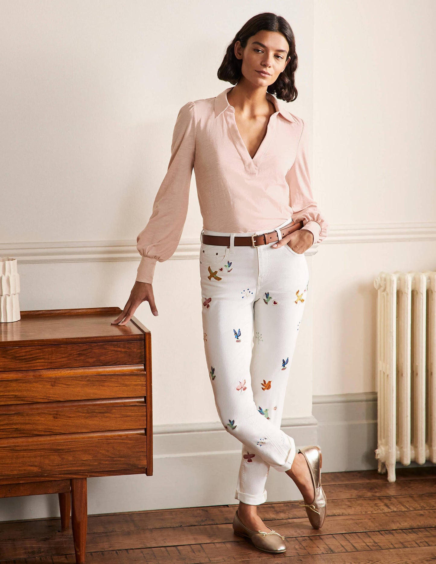 Collared Notch Neck Cotton Top-Milkshake