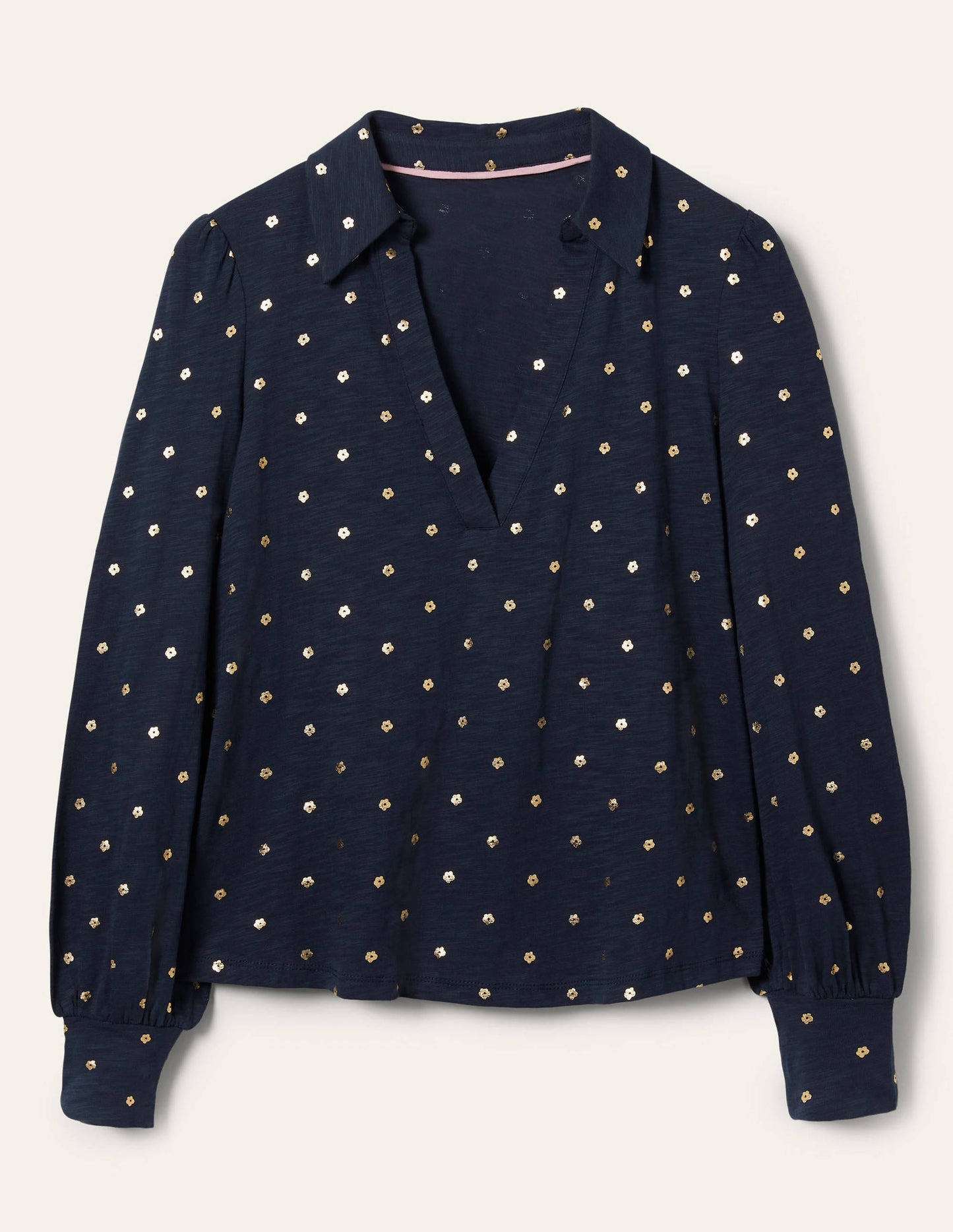 Collared Notch Neck Cotton Top-French Navy Foil Flower