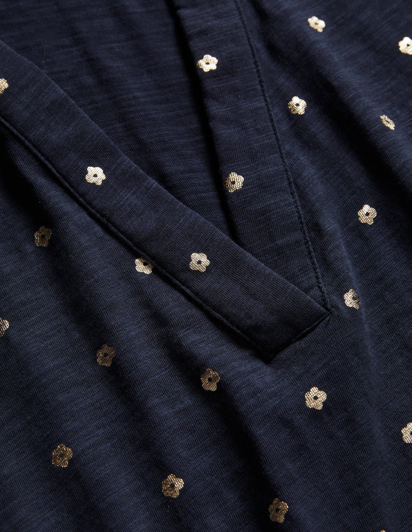 Collared Notch Neck Cotton Top-French Navy Foil Flower