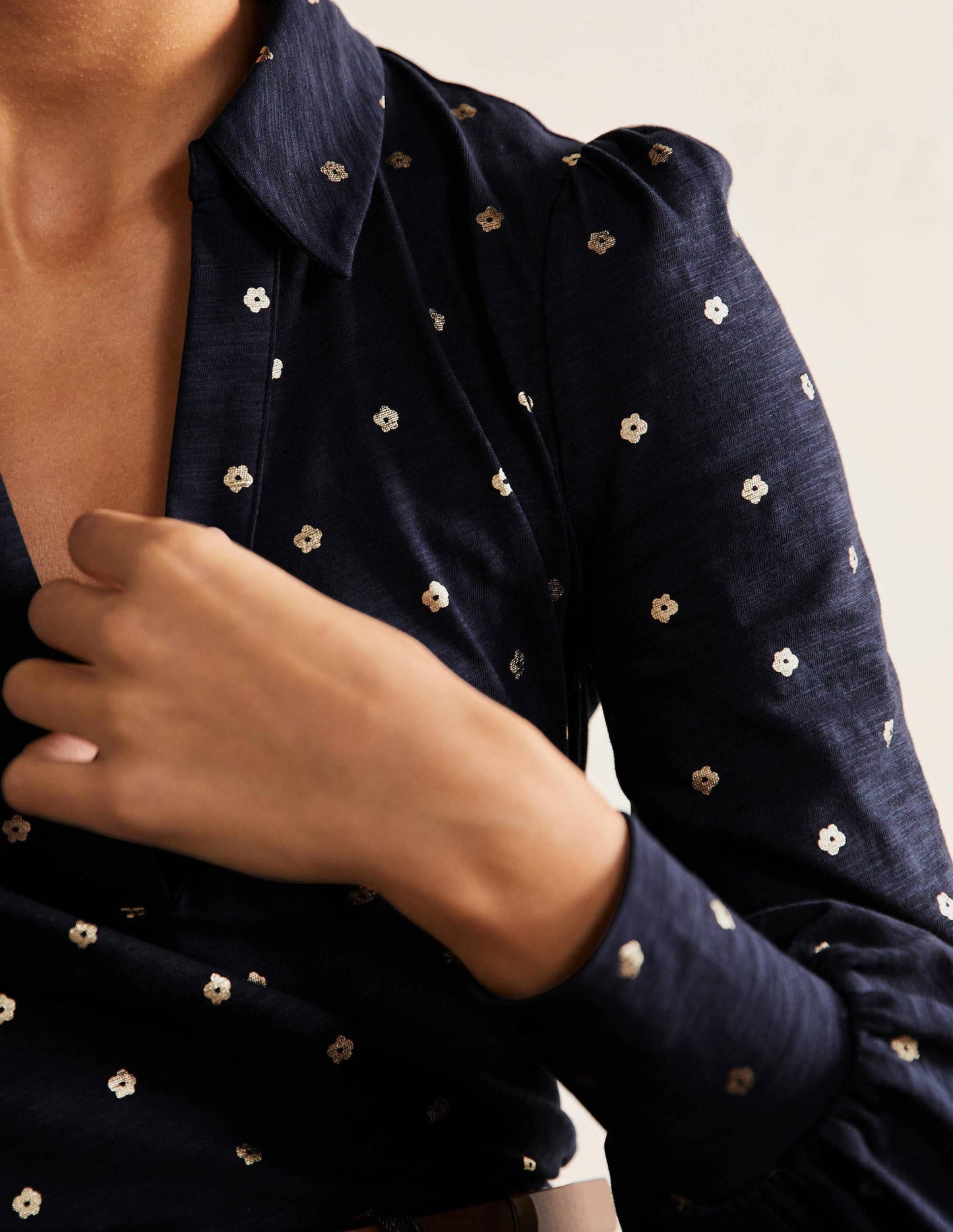 Collared Notch Neck Cotton Top-French Navy Foil Flower