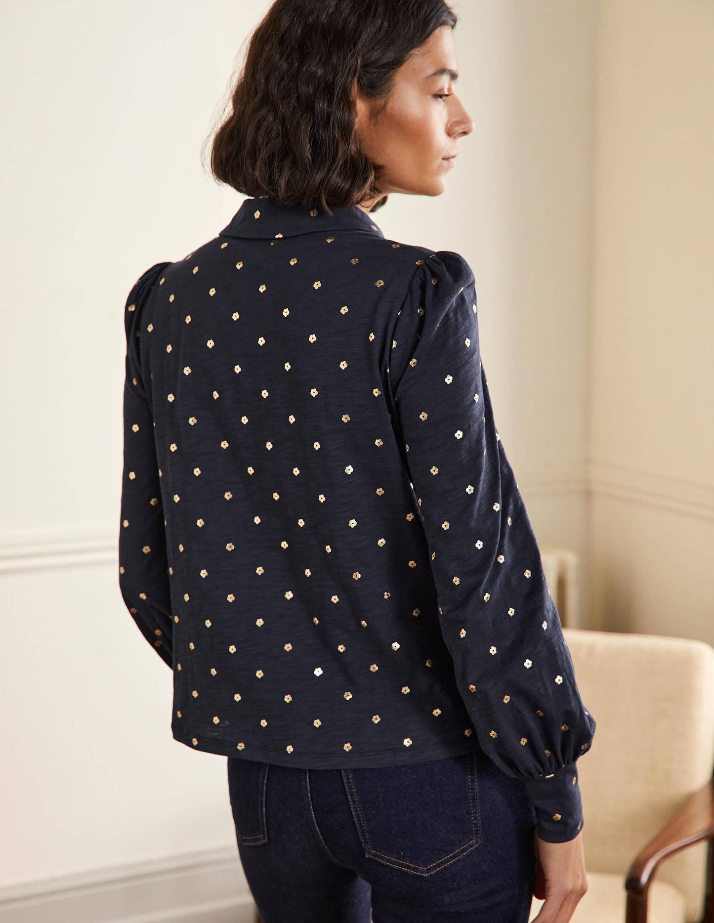 Collared Notch Neck Cotton Top-French Navy Foil Flower