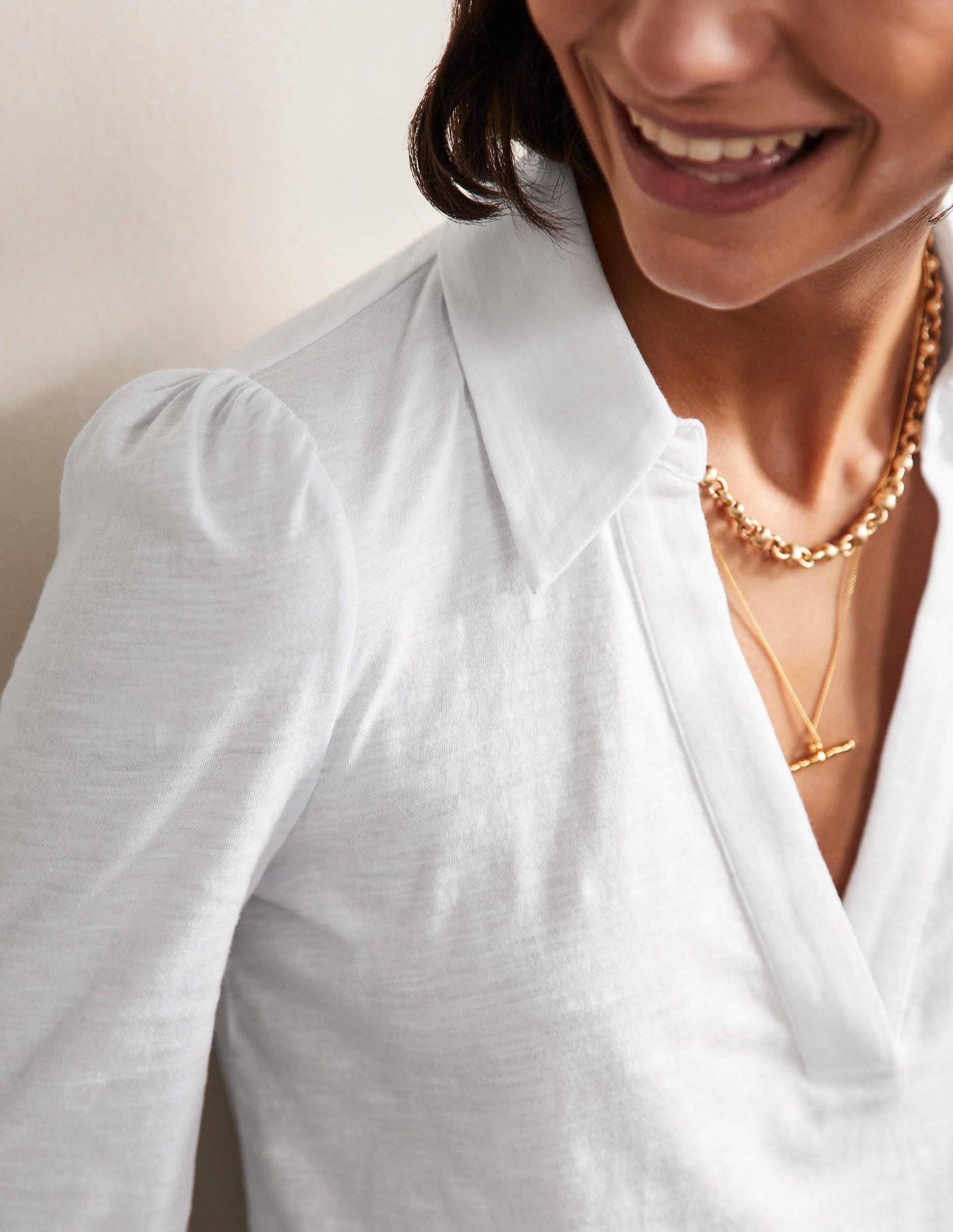 Collared Notch Neck Cotton Top-White