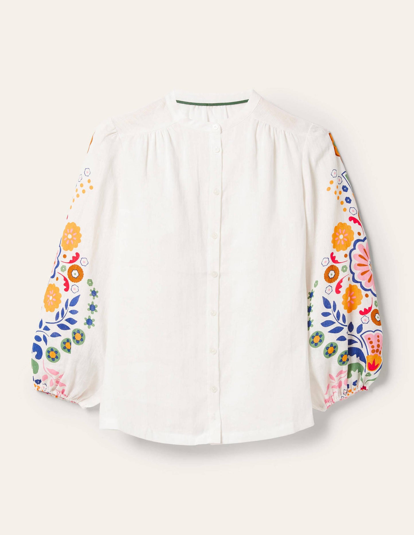 Blouse Becky manches longues en lin-Ivoire, motif Opulent Garden