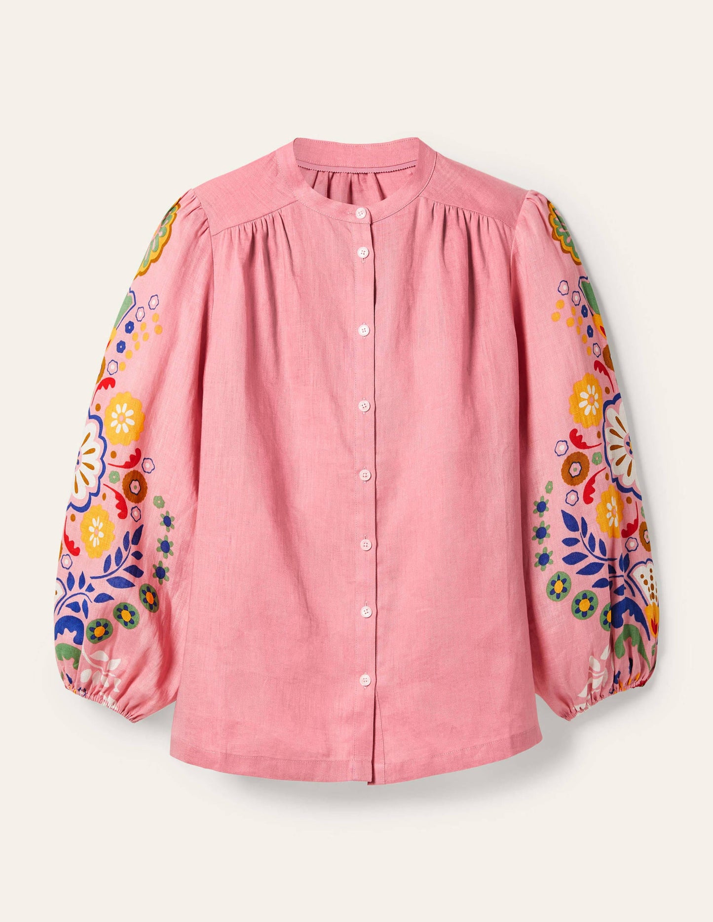 Blouse Becky manches longues en lin-Rose formica, motif Opulent Garden