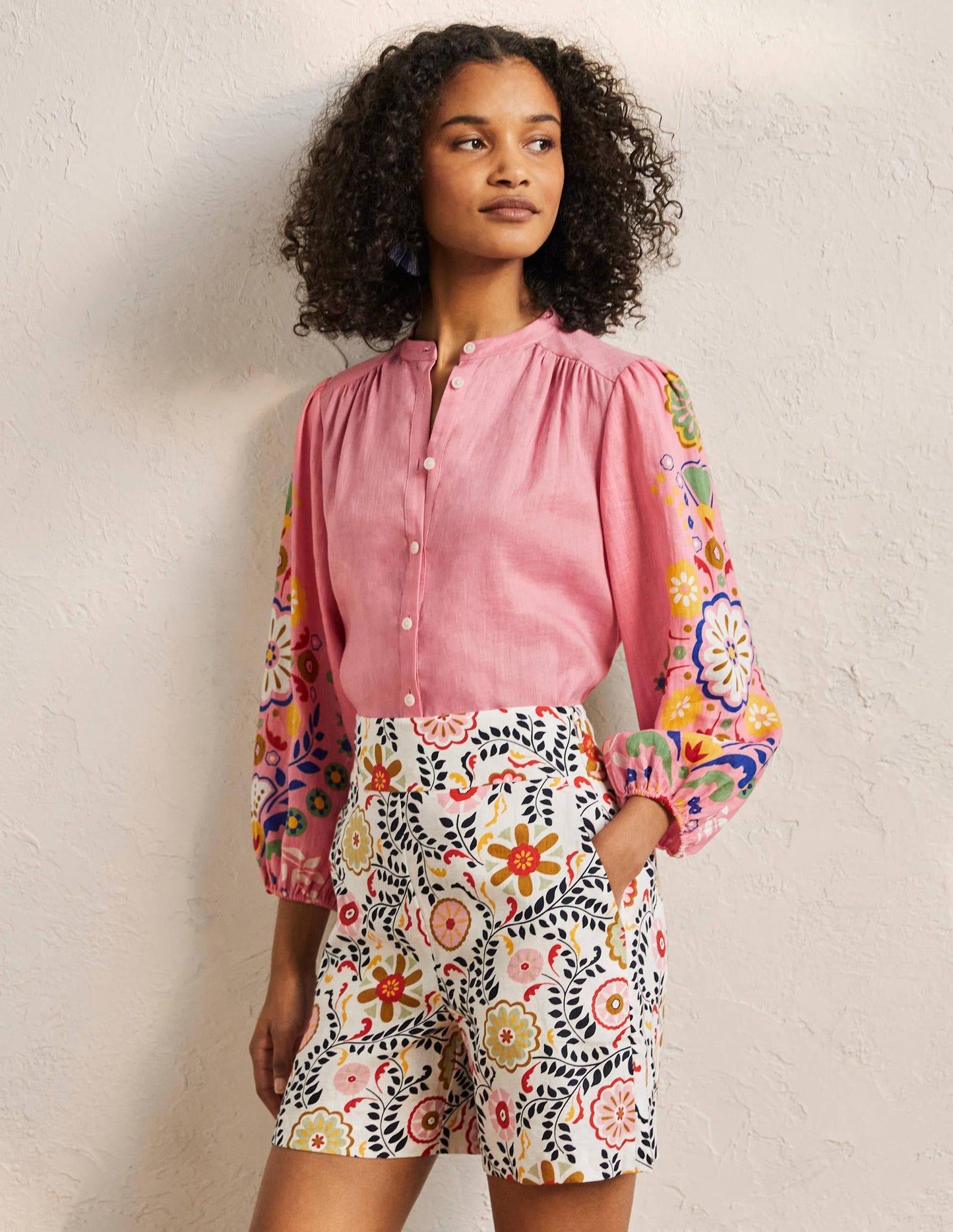 Blouse Becky manches longues en lin-Rose formica, motif Opulent Garden