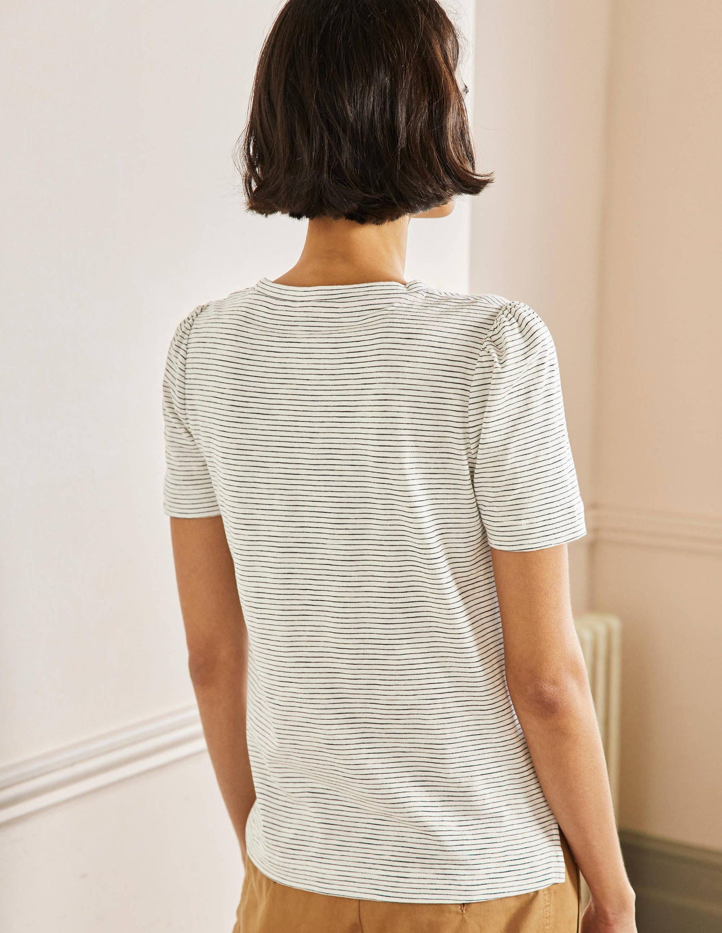 T-shirt en coton à manches bouffantes-Rayé ivoire/bleu marine