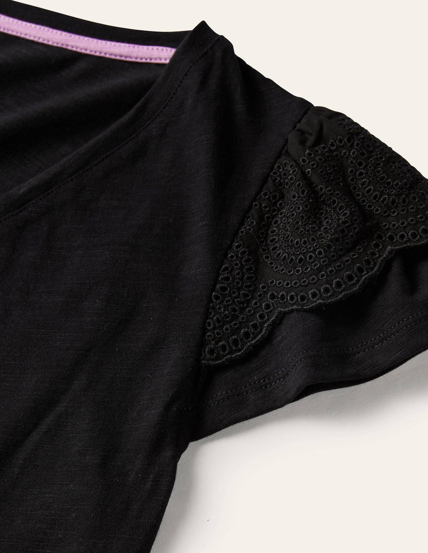 Broderie Cotton V-Neck T-Shirt-Black