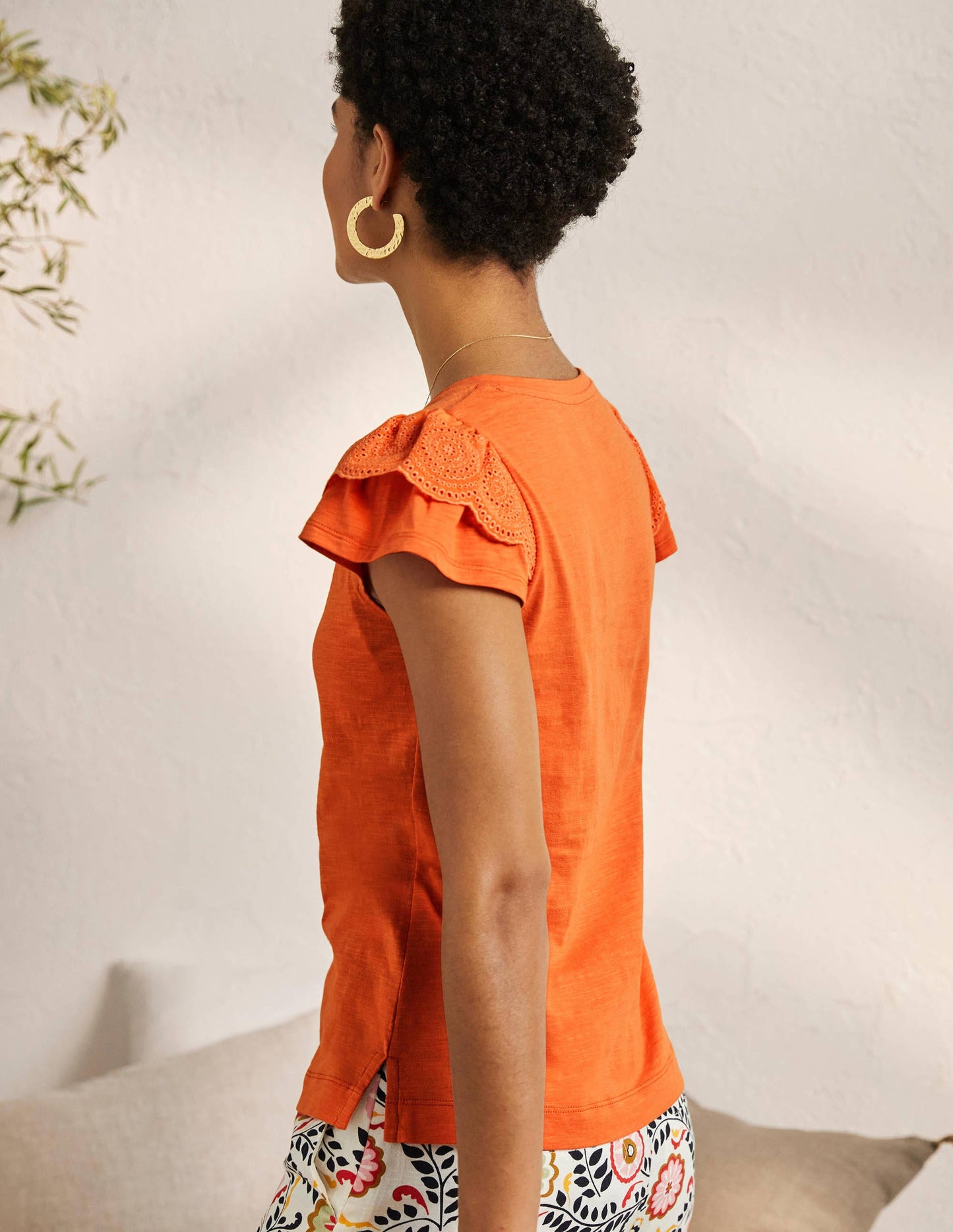 Broderie Cotton V-Neck T-Shirt-Dusty Orange