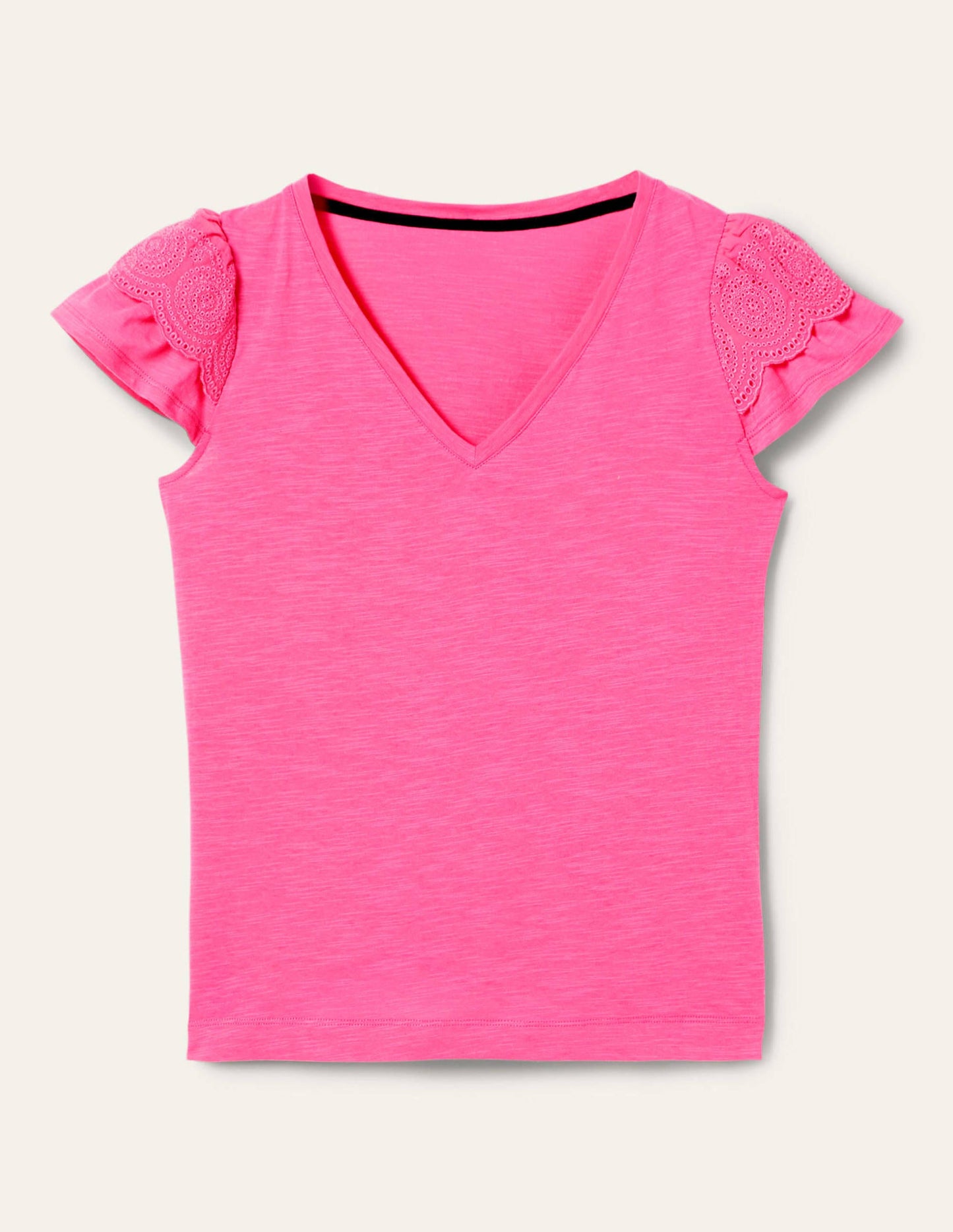 Broderie Cotton V-Neck T-Shirt-Festival Pink