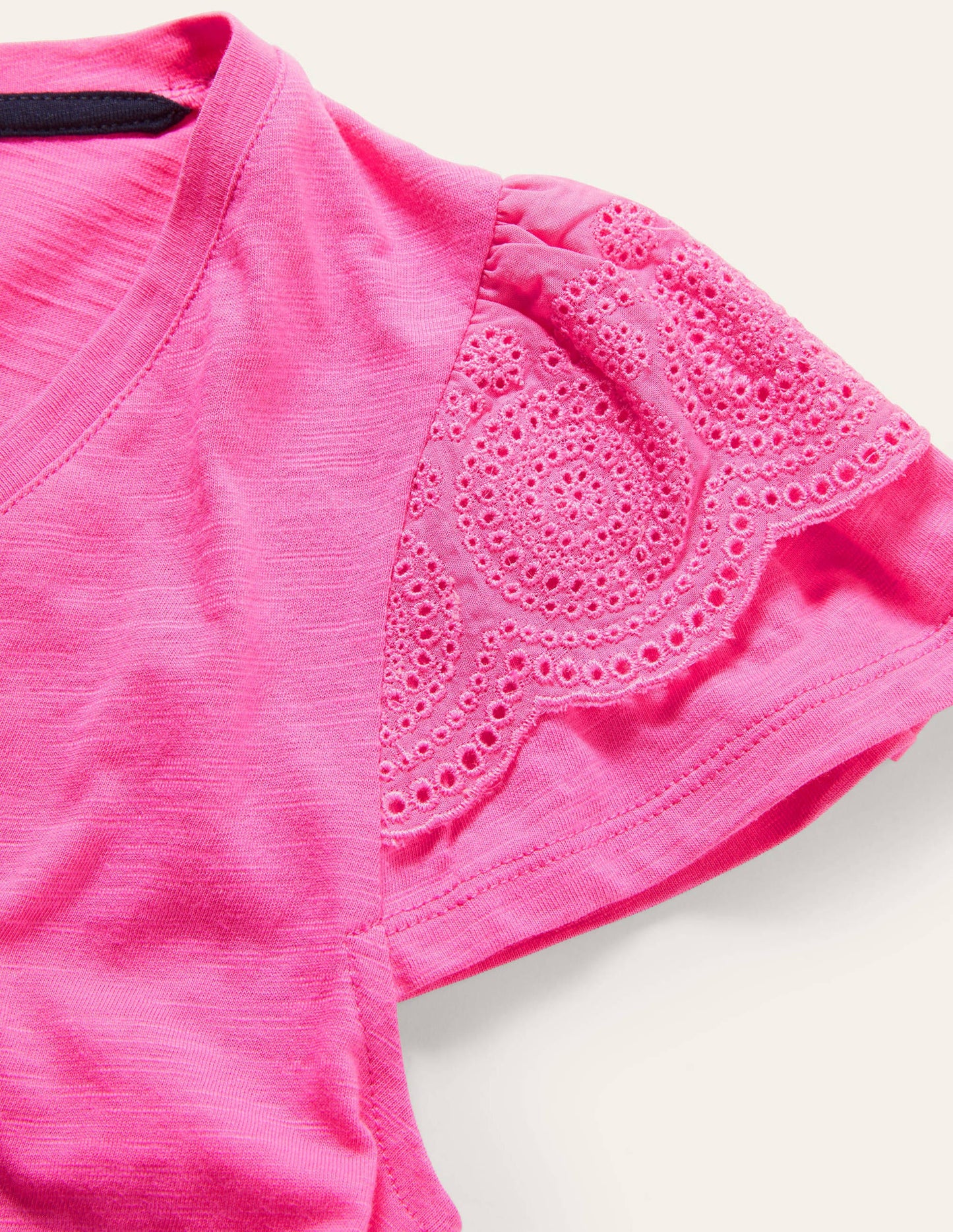 Broderie Cotton V-Neck T-Shirt-Festival Pink