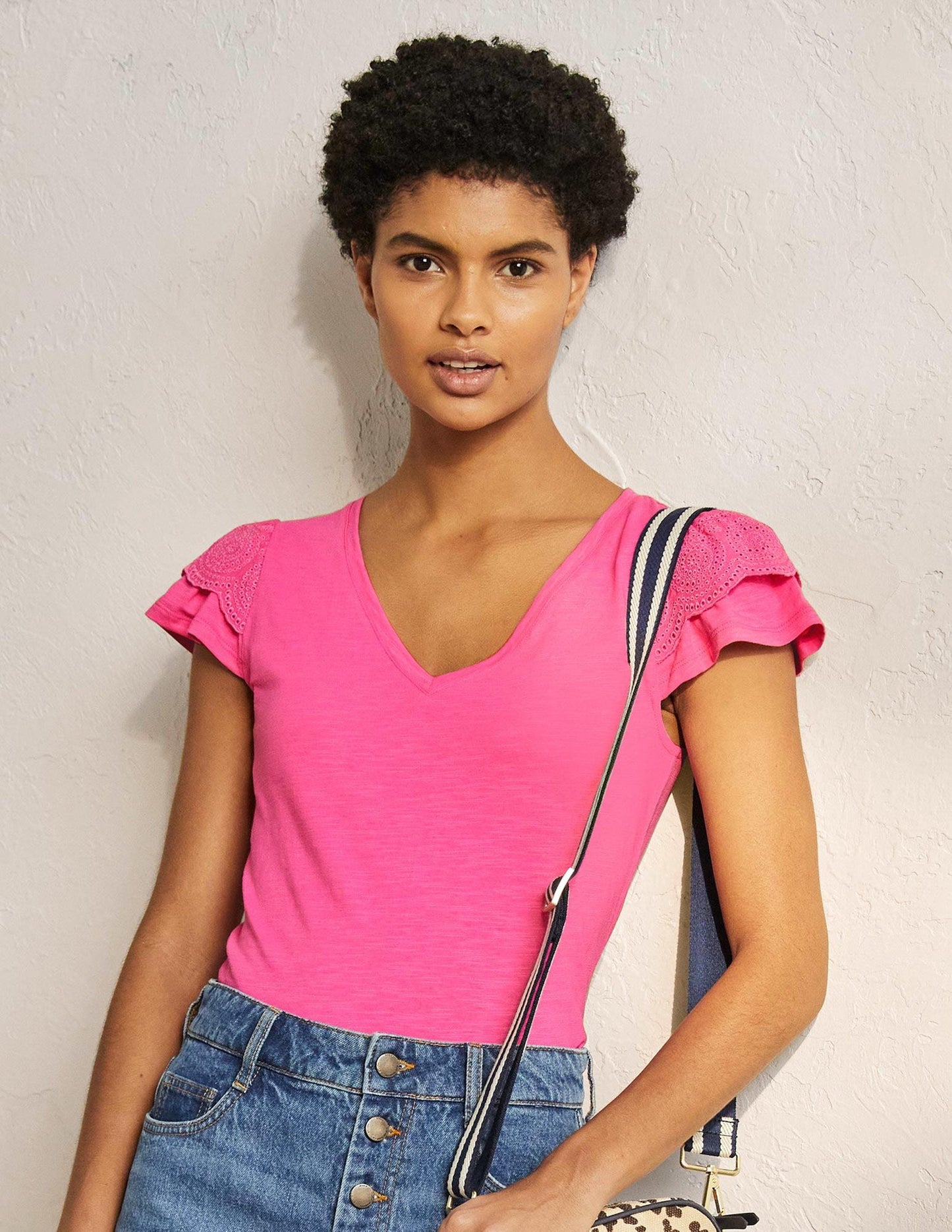 Broderie Cotton V-Neck T-Shirt-Festival Pink