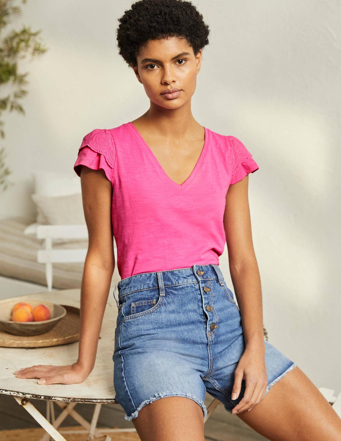 Broderie Cotton V-Neck T-Shirt-Festival Pink