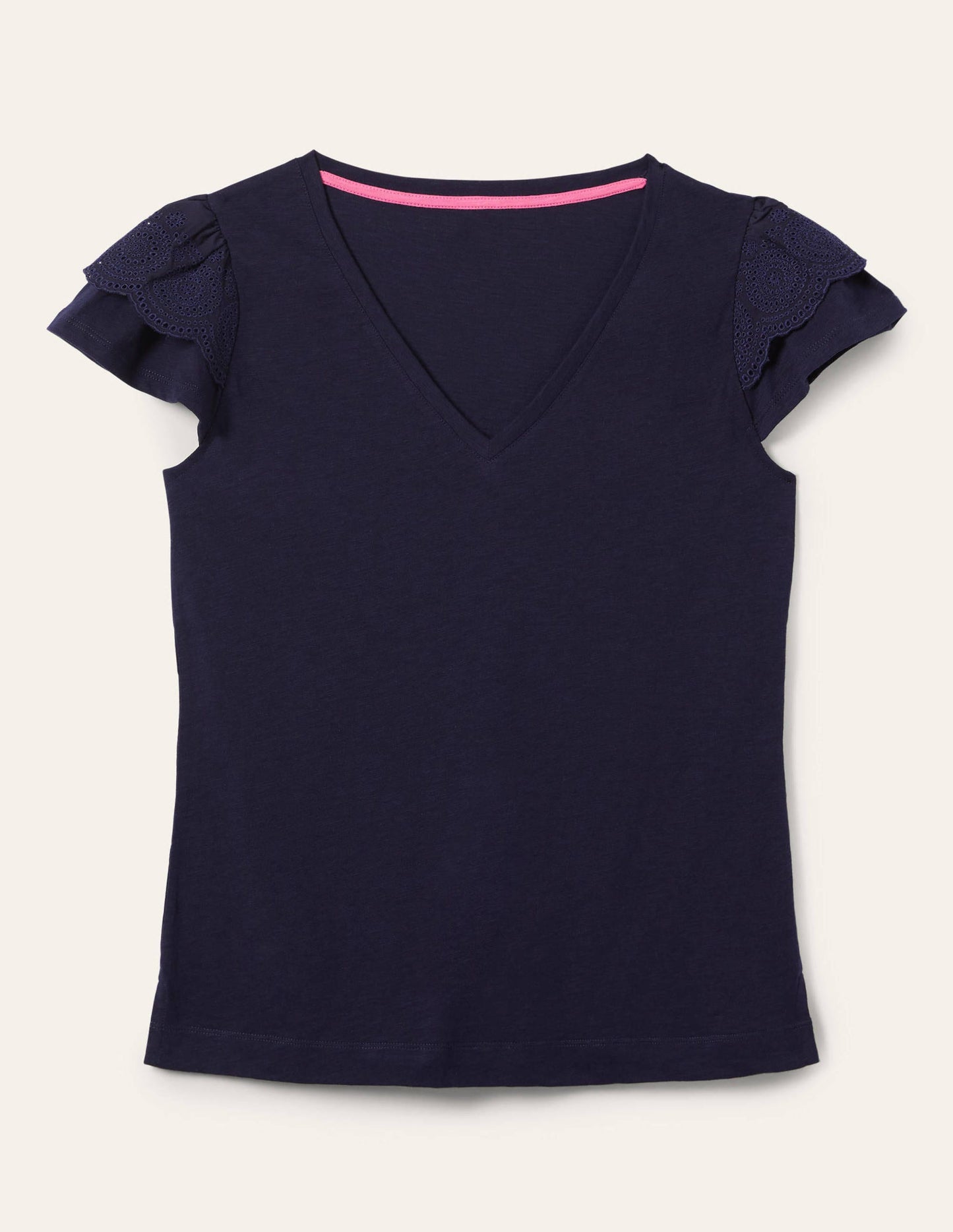 Broderie Cotton V-Neck T-Shirt-Navy