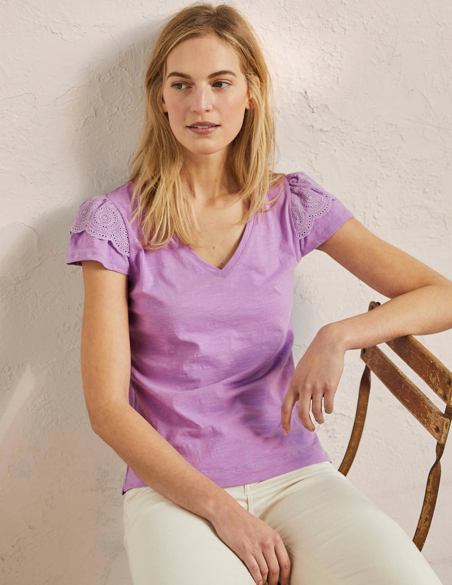 Broderie Cotton V-Neck T-Shirt-African Violet
