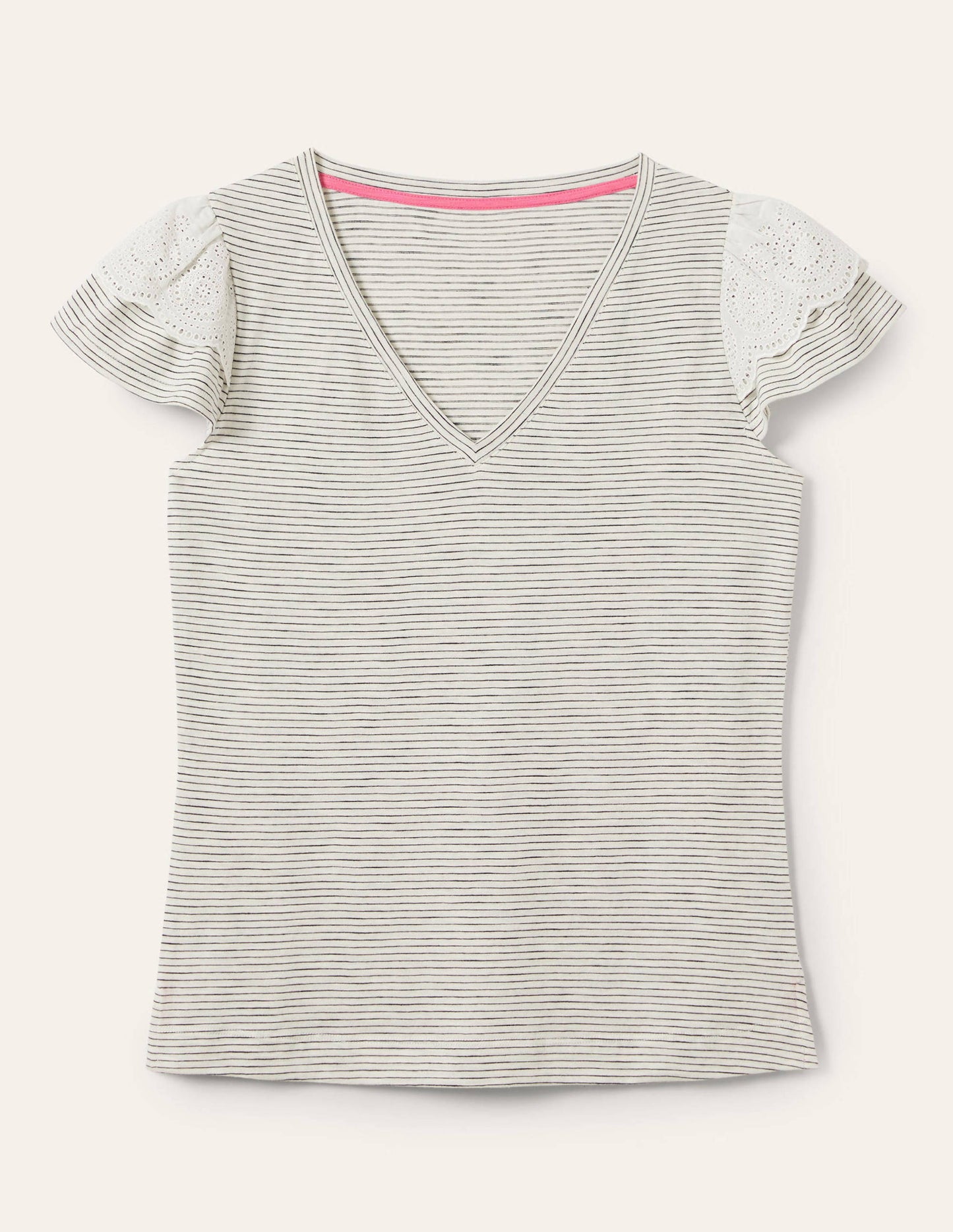 Broderie Cotton V-Neck T-Shirt-Ivory / Navy Stripe
