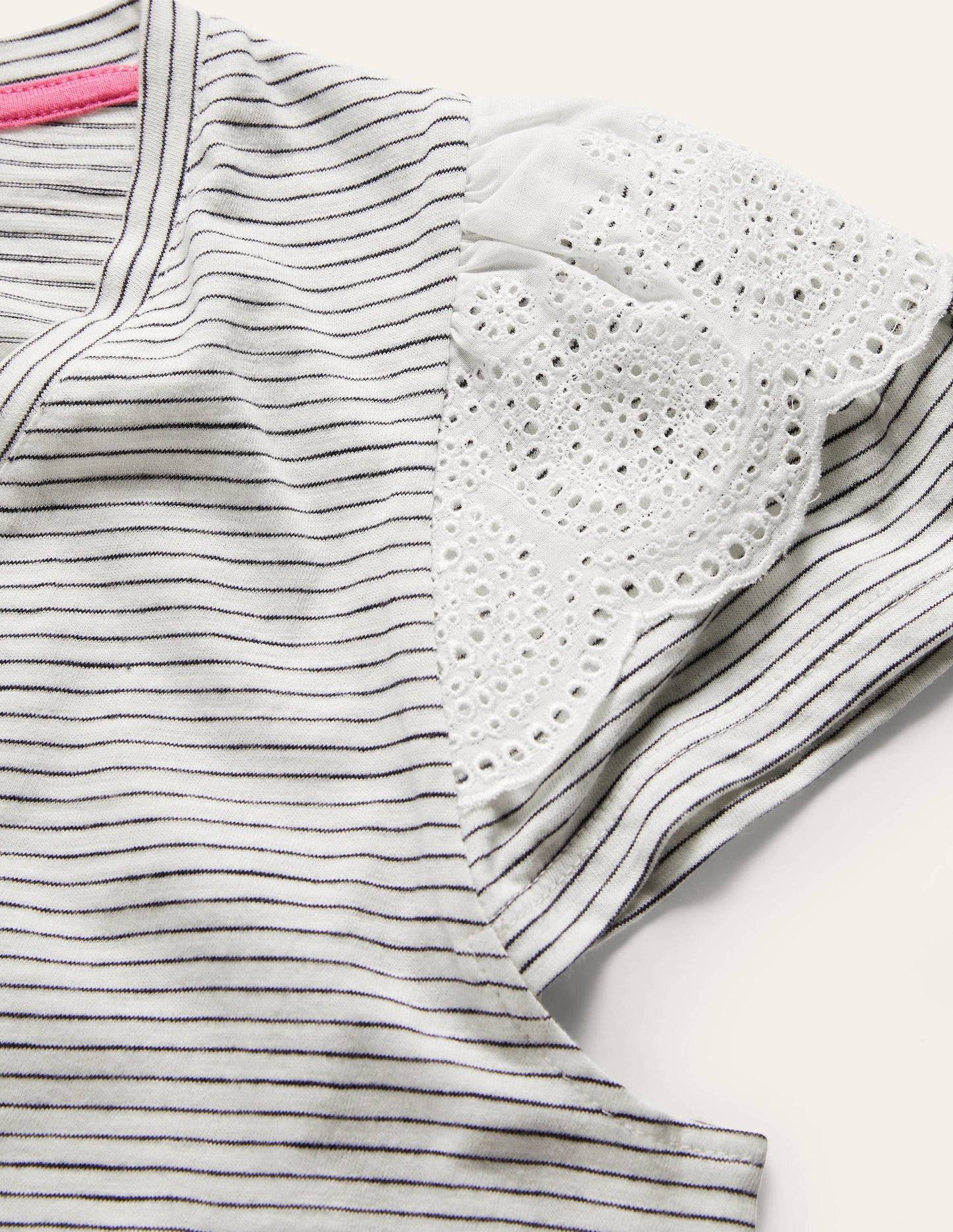 Broderie Cotton V-Neck T-Shirt-Ivory / Navy Stripe