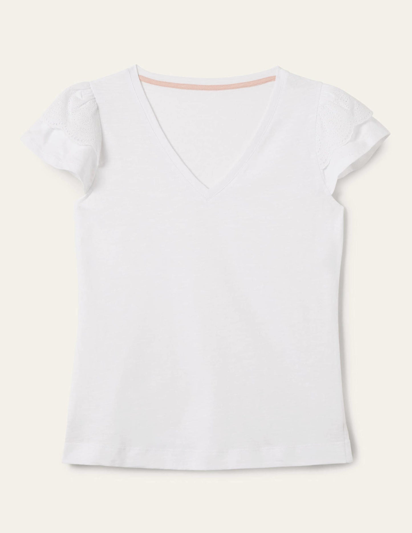 Broderie Cotton V-Neck T-Shirt-White