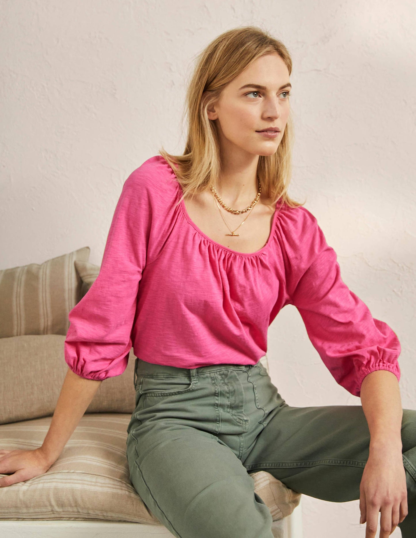 Blouson Sleeve Cotton Top-Festival Pink