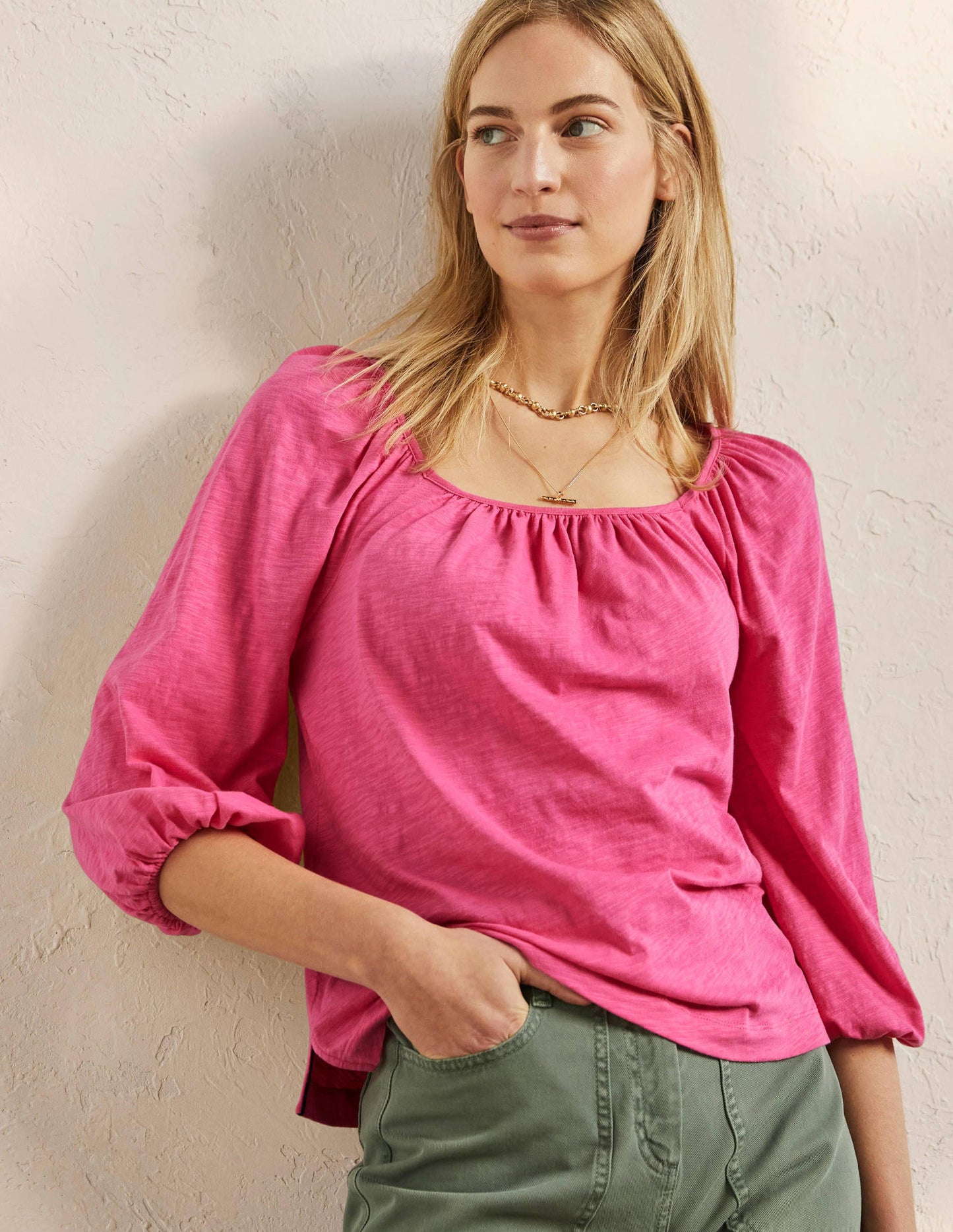 Blouson Sleeve Cotton Top-Festival Pink