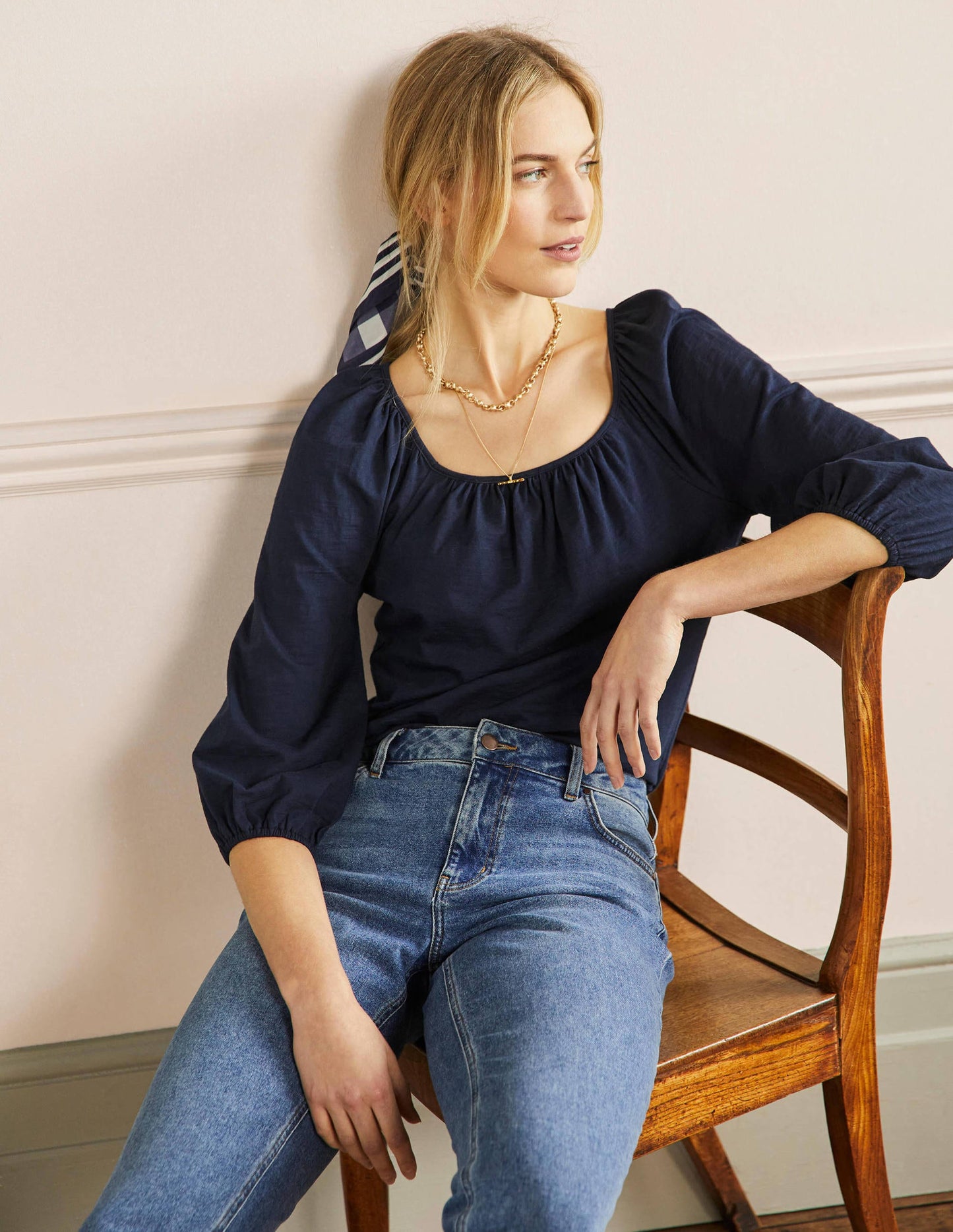Blouson Sleeve Cotton Top-Navy