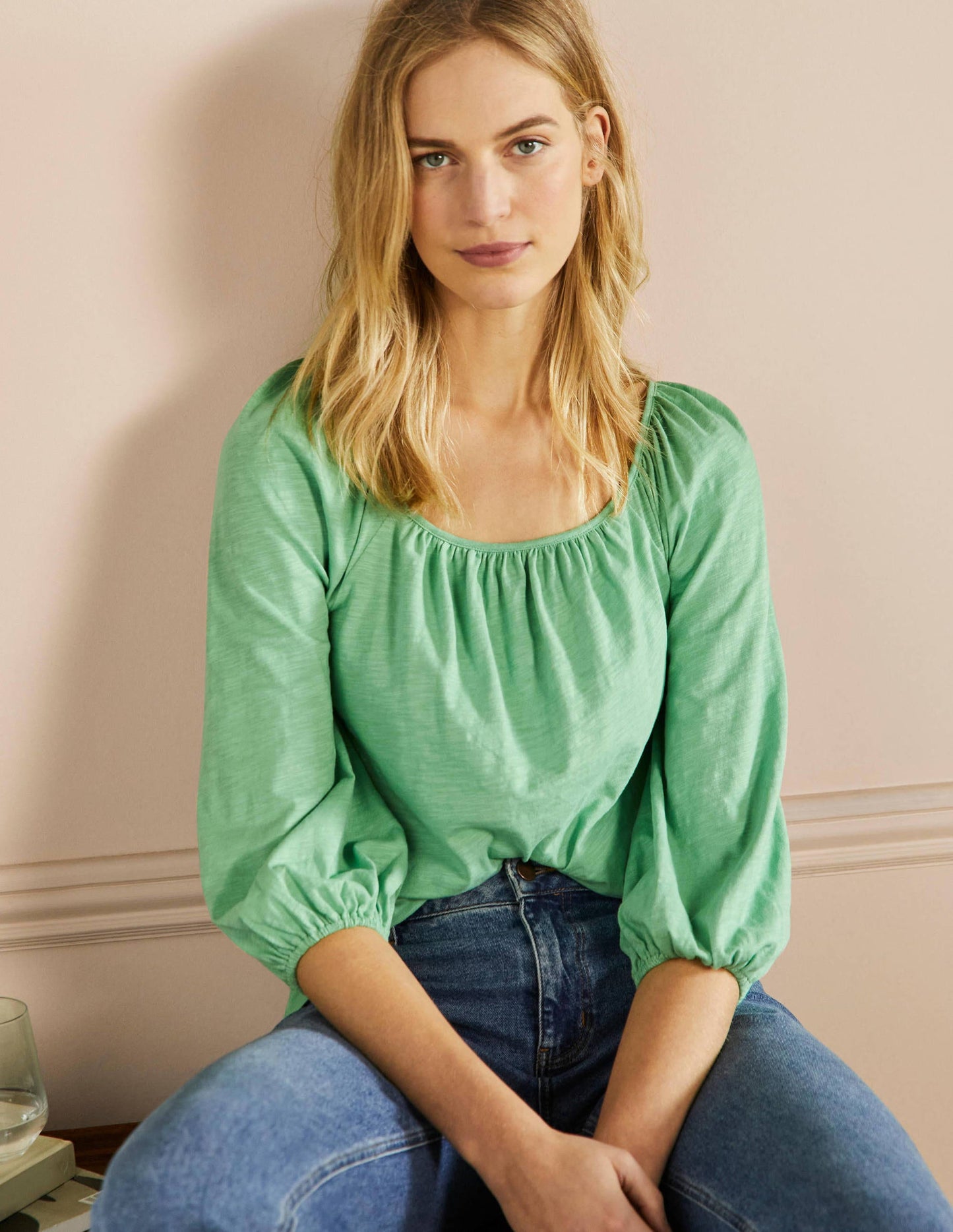 Blouson Sleeve Cotton Top-Zephyr Green