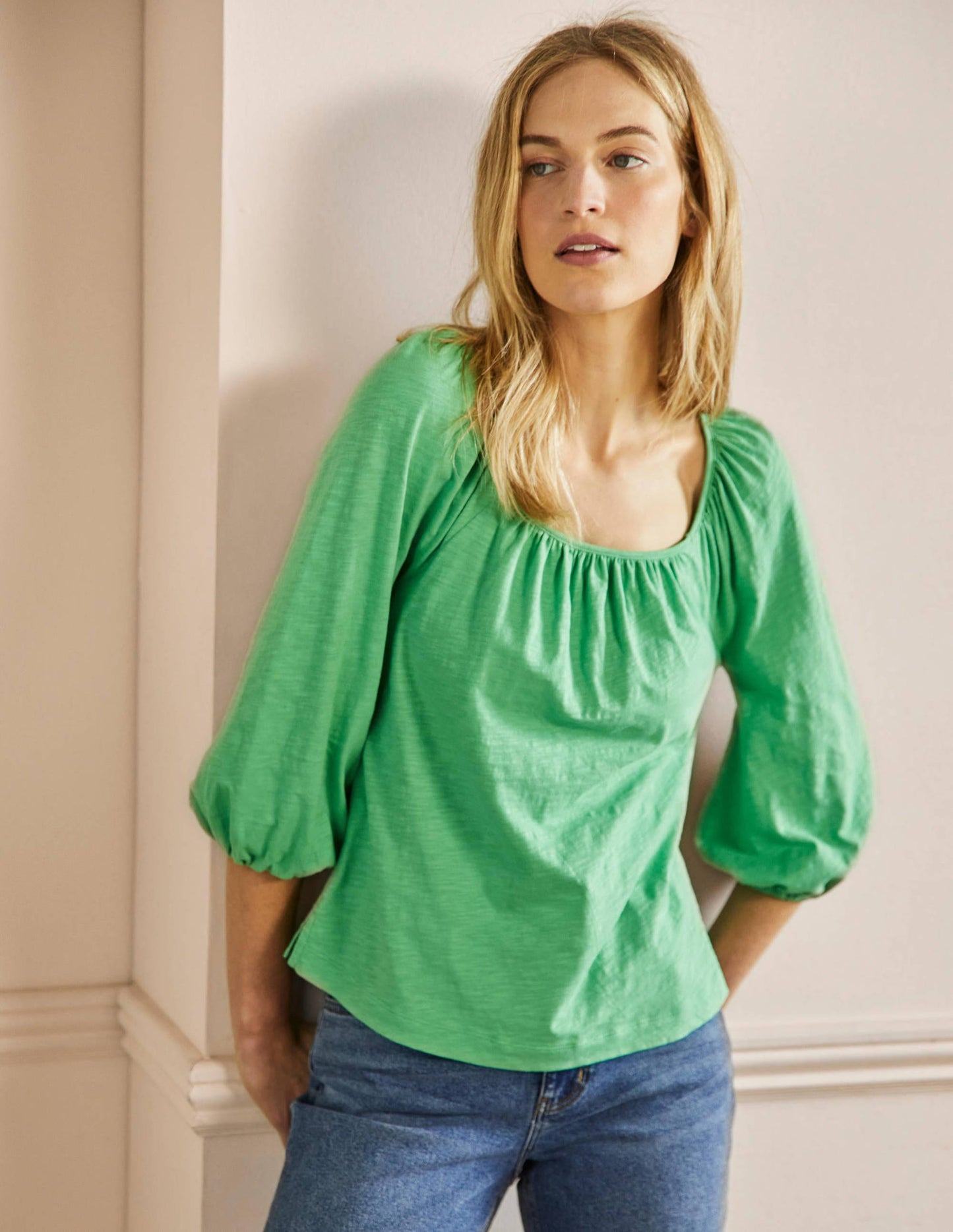 Blouson Sleeve Cotton Top-Zephyr Green