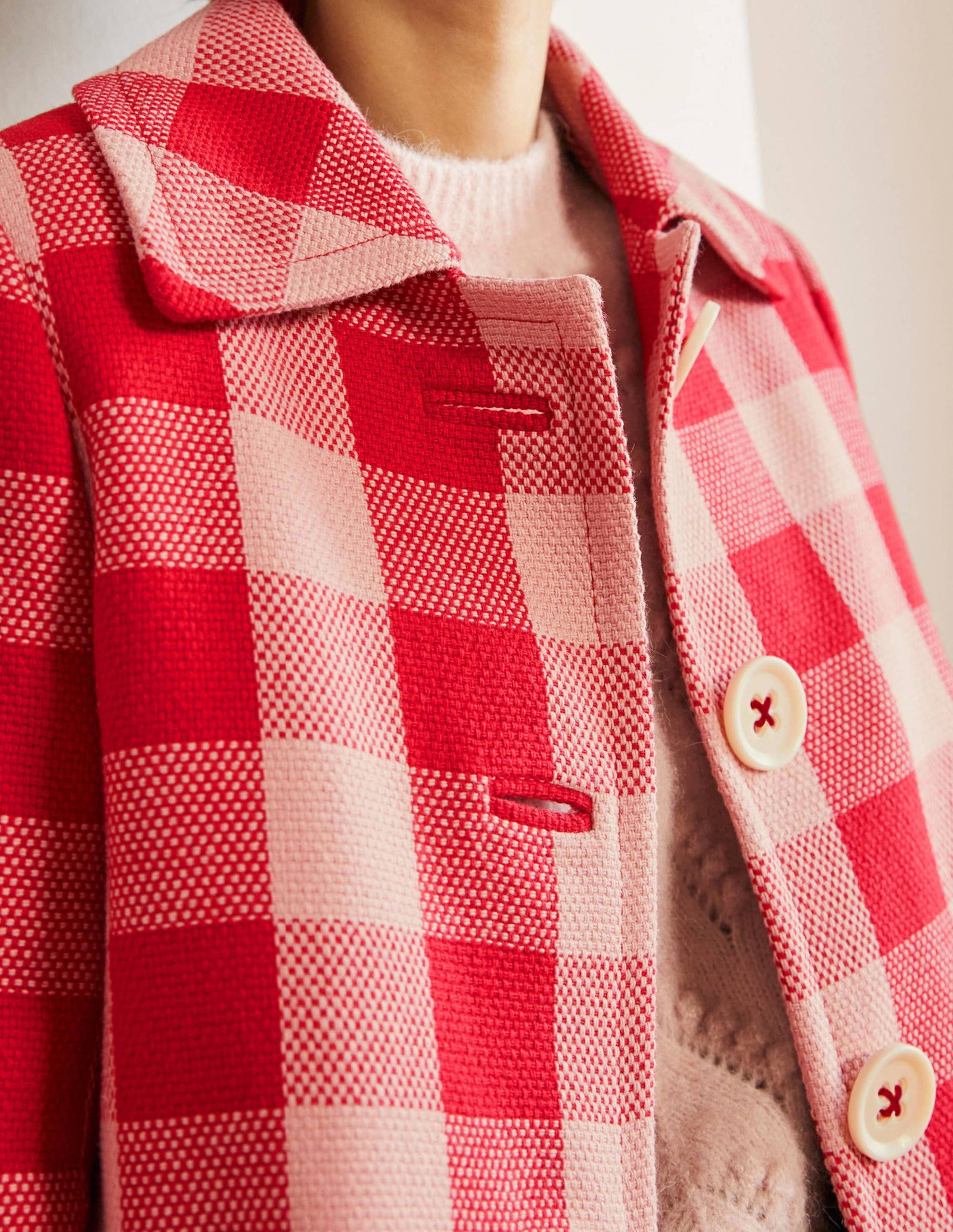 Bonnie Gingham Buttoned Coat-Pink/Red Gingham