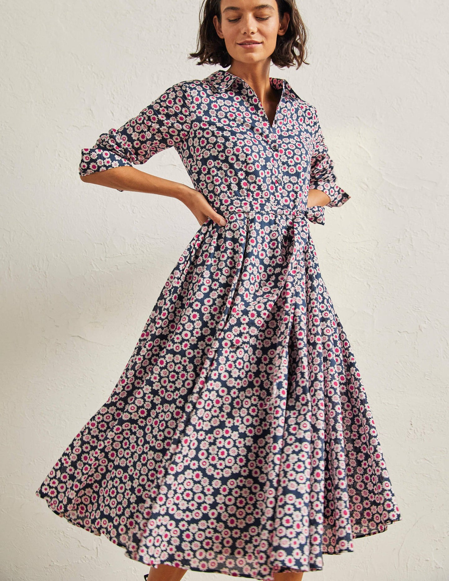 Kitty Midi-Hemdblusenkleid-Französisches Navy, Filigranes Wirbelmuster