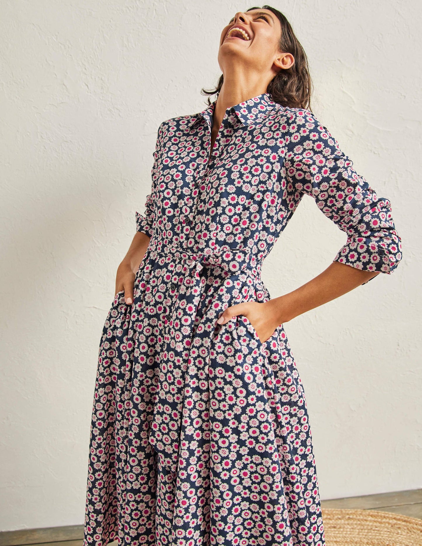 Kitty Midi-Hemdblusenkleid-Französisches Navy, Filigranes Wirbelmuster