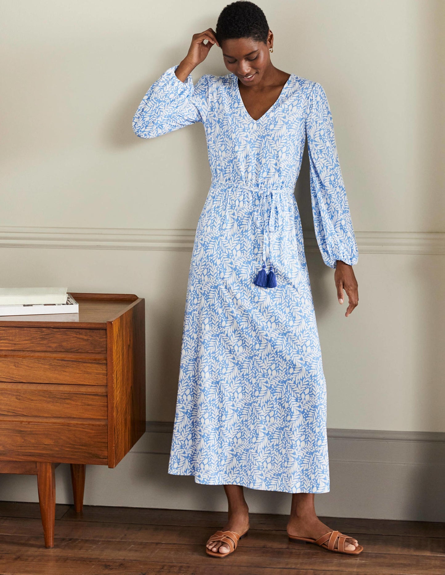 Jersey-Maxikleid mit Gürtel-Traube/Hyazinthe, Zitronenblätter
