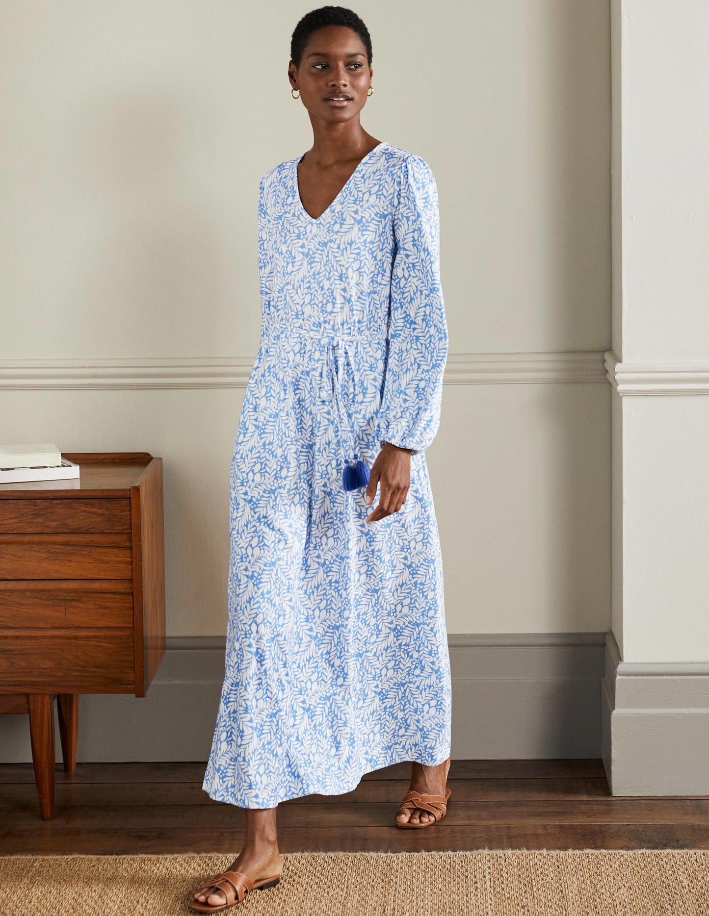 Jersey-Maxikleid mit Gürtel-Traube/Hyazinthe, Zitronenblätter